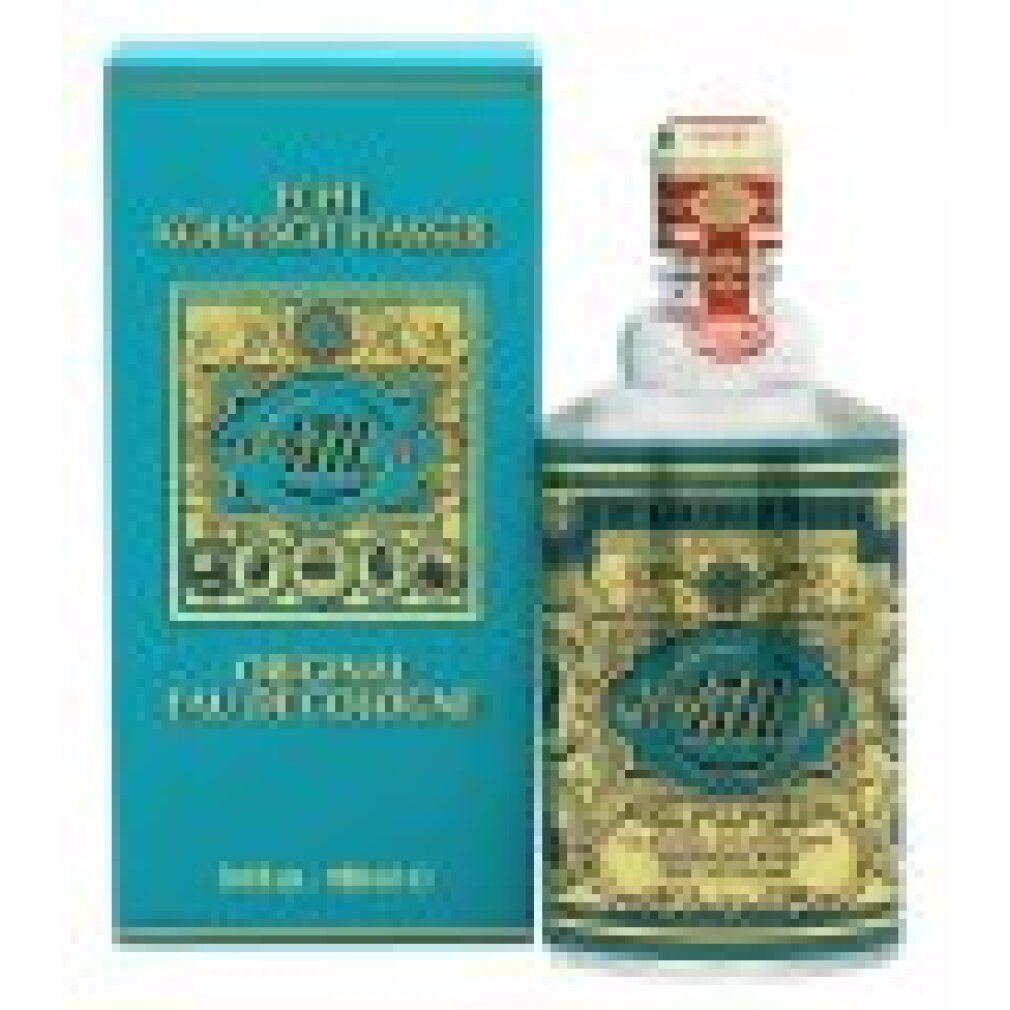 Flakon und Schachtel von Eau de Cologne. Türkis-goldene Etiketten. Aufschrift: "4711 Original Eau de Cologne".