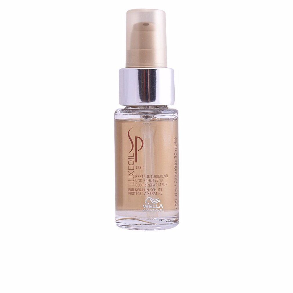 Klarer Flakon mit goldfarbenem Inhalt. Aufschrift: SP LuxeOil Reconstructive Elixir. Marke: Wella. 30 ml.