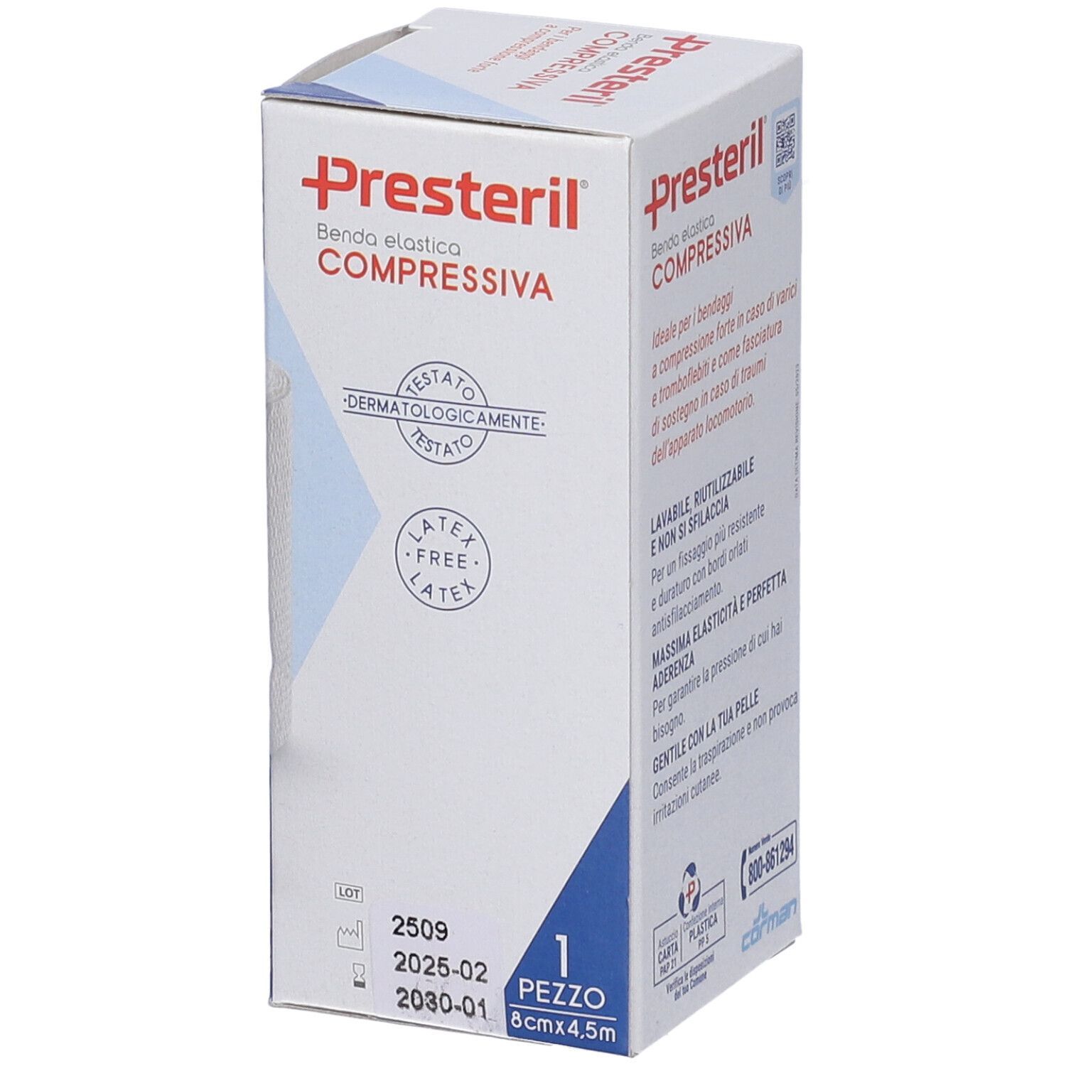 Presteril Benda Elastica Compressiva Verpackung. Dermatologisch getest. 8cm x 4,5m. 1 Stück.