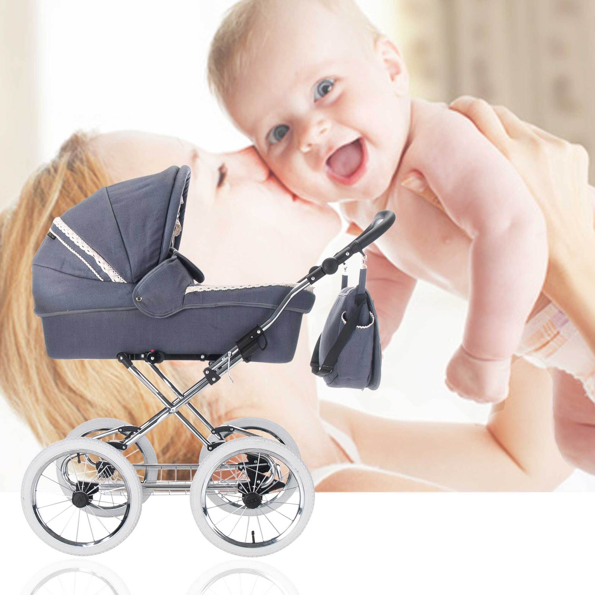 Friedrich Hugo Natureline 3 in 1 Kinderwagen Set Öko Nostalgie Kinderwagen, Elisabeth Stone Silver