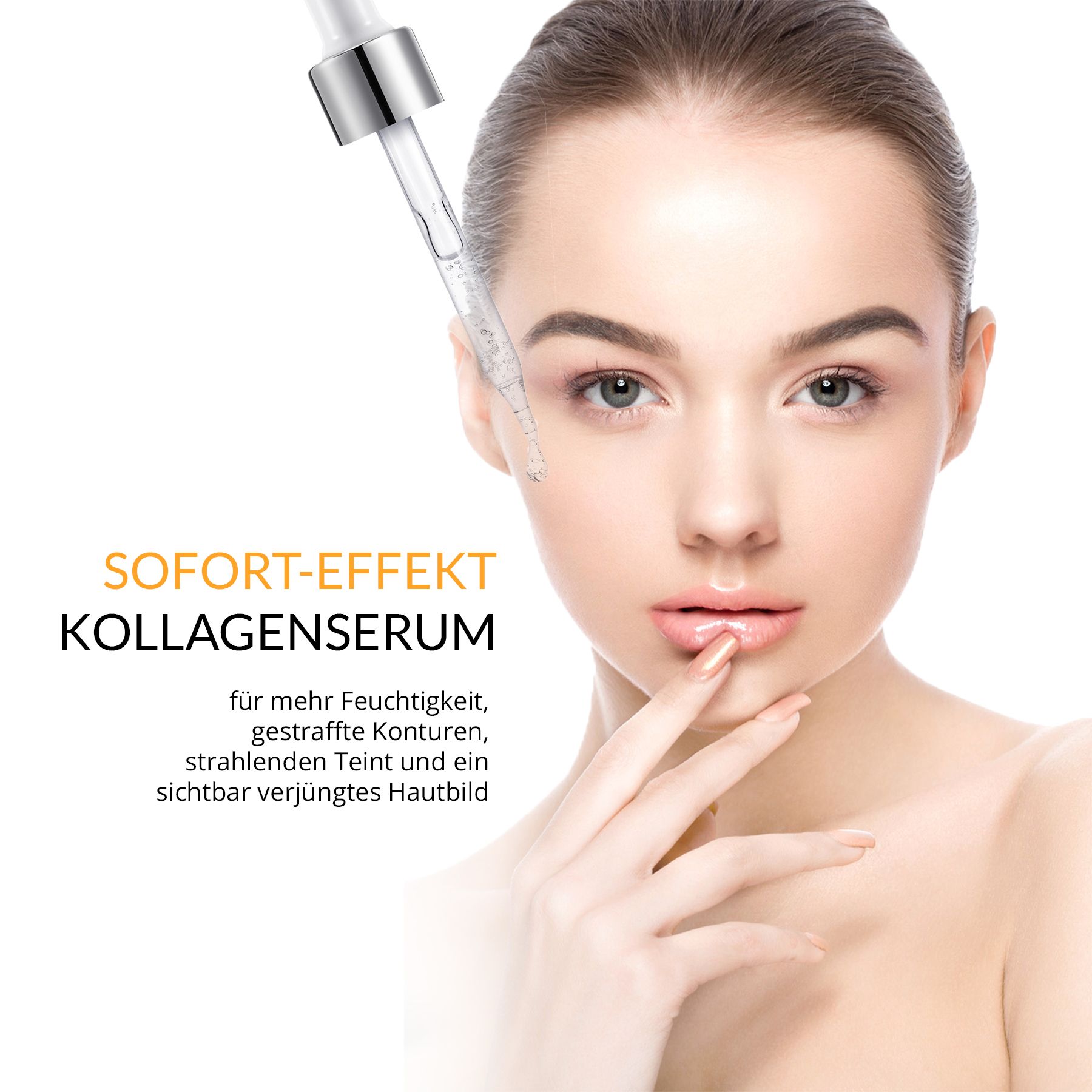 Frau mit Gesicht. Pipette mit Serum. Text: Sofort-Effekt Kollagenserum.