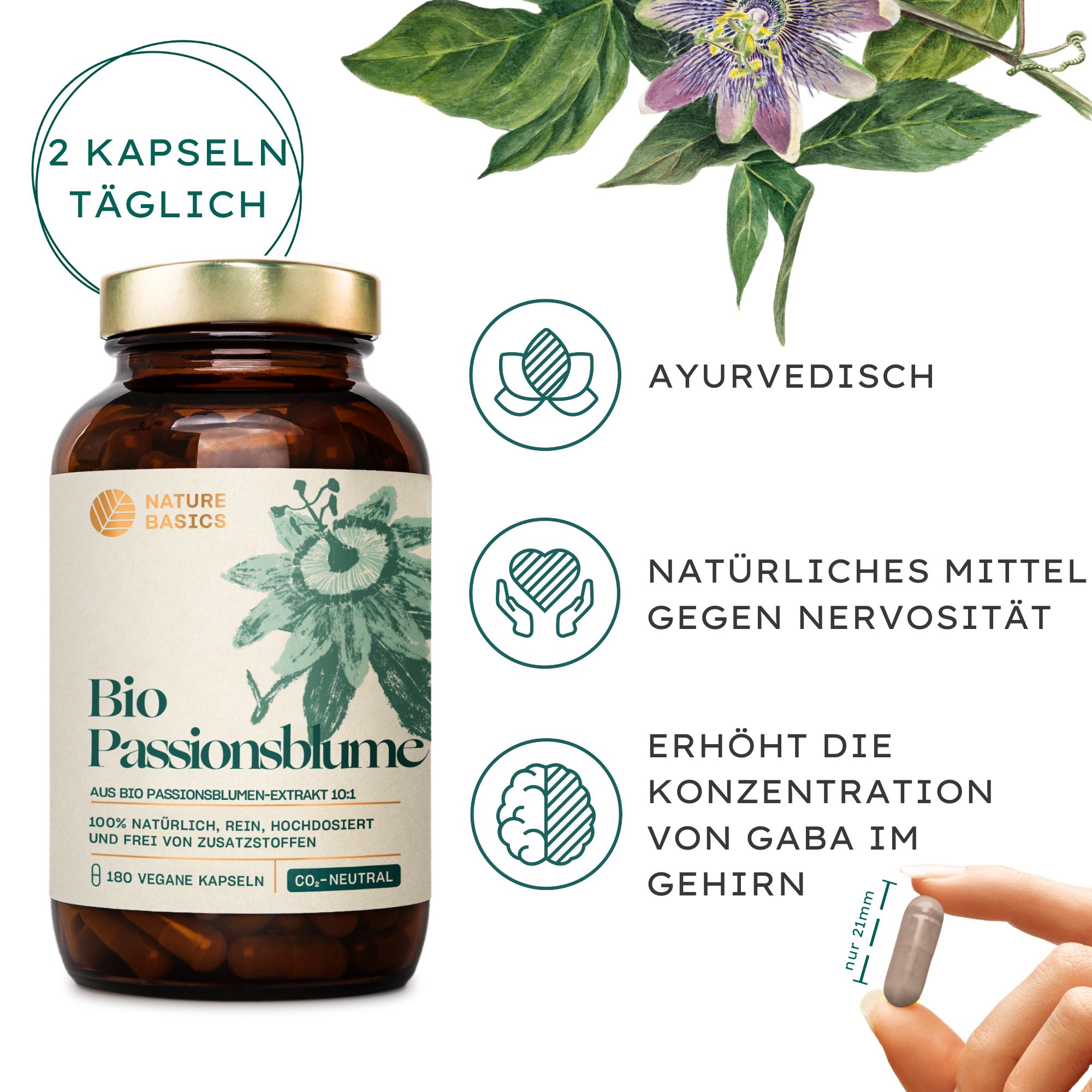 Braune Glasflasche mit Kapseln. Beschriftung: Bio Passionsblume, 100% natürlich, rein, hochdosiert. Hand hält Kapsel. Text: 2 Kapseln täglich.