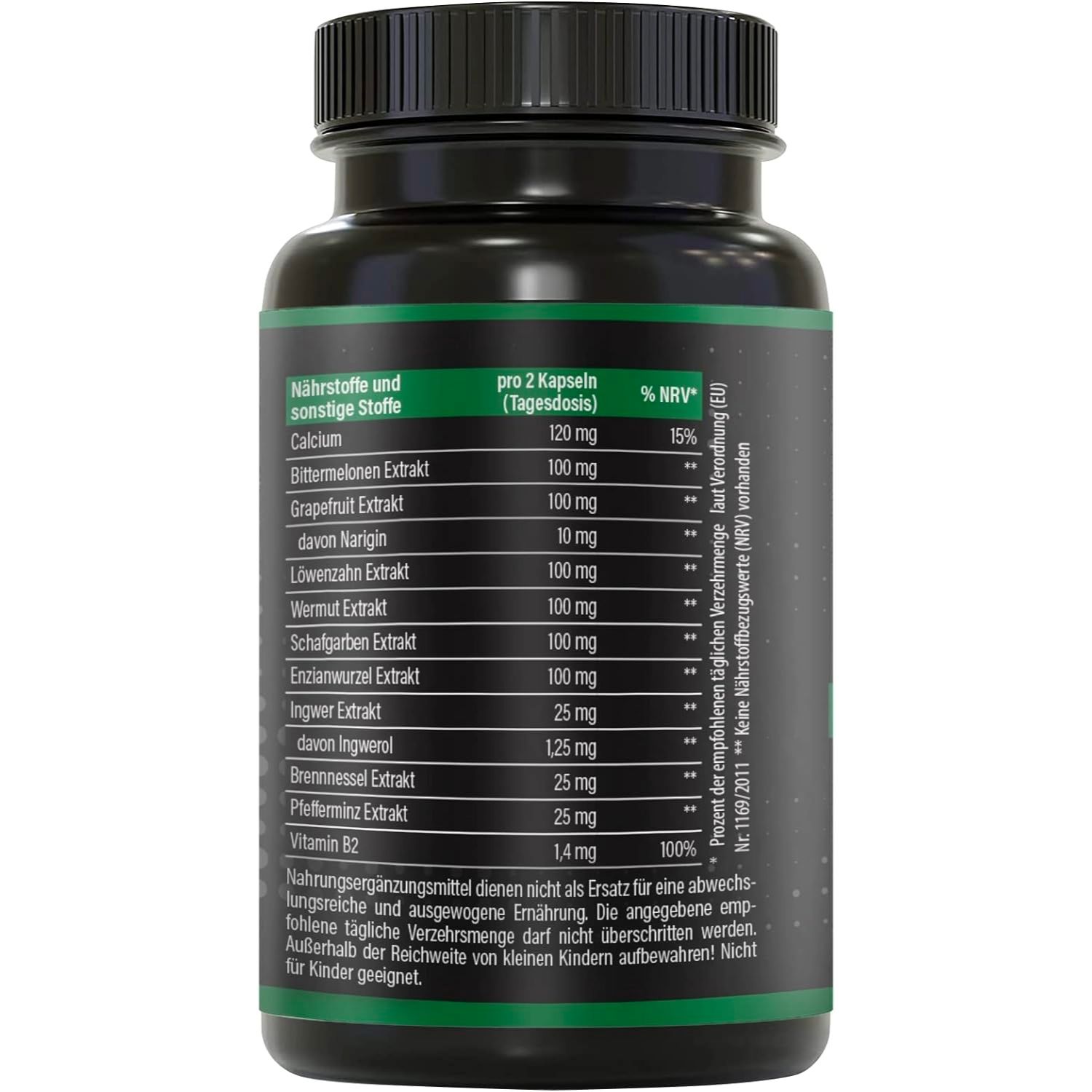 Rückseite einer schwarzen Kapsel-Dose. Grüne Schrift: Nährstoffe und sonstige Stoffe. Auflistung von Inhaltsstoffen und % NRV.