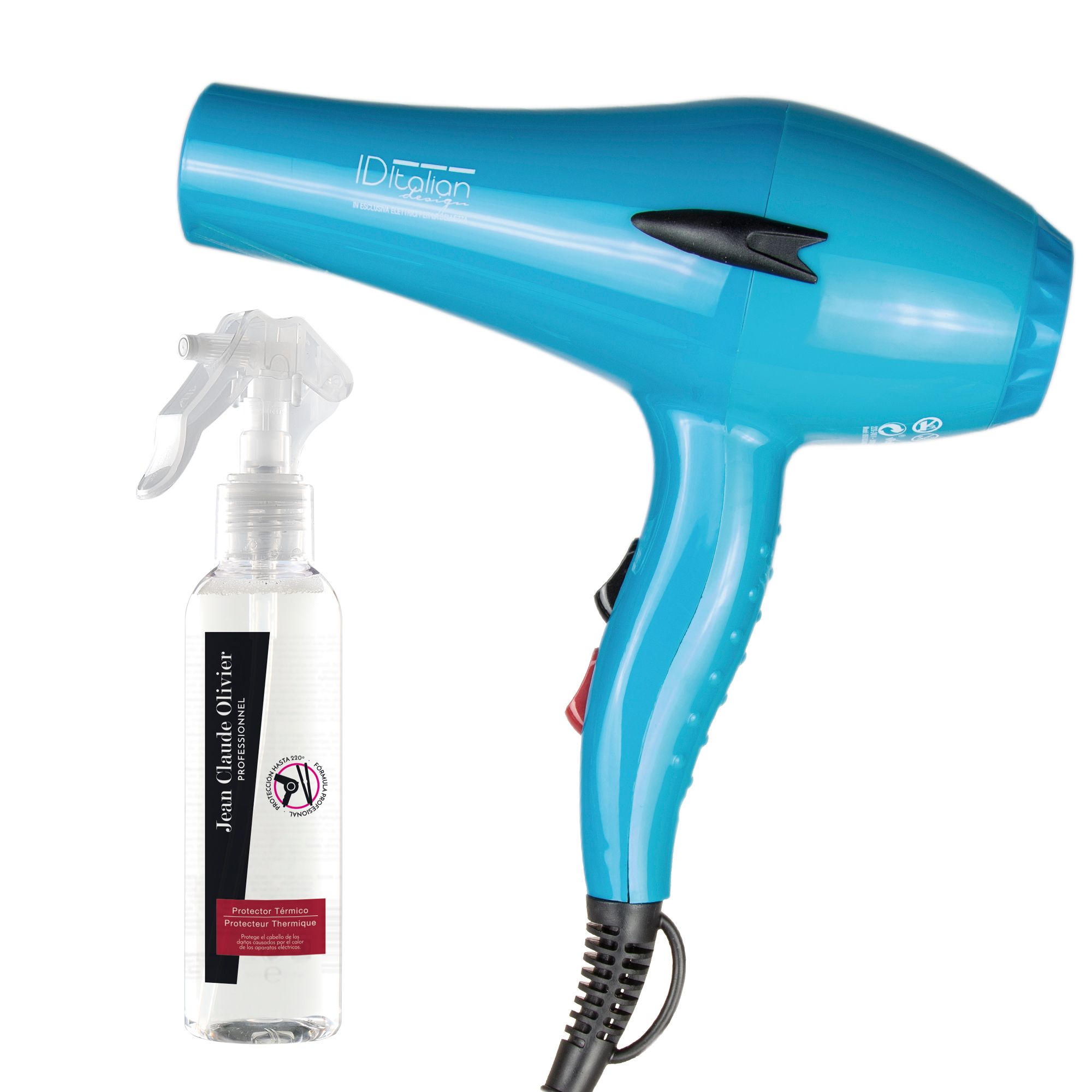 Blauer Haartrockner mit Sprühflasche.