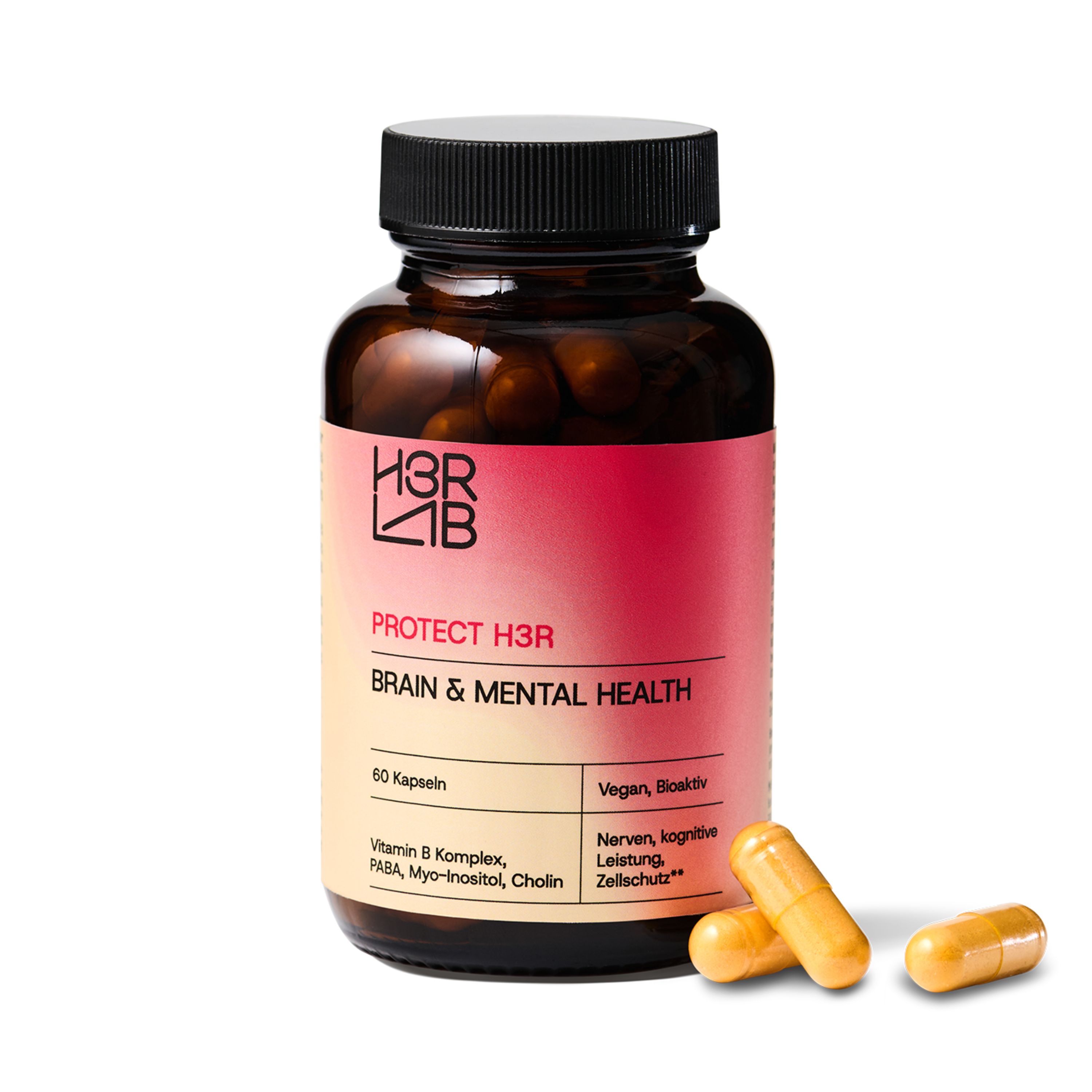 Braune Glasflasche mit Kapseln. Etikett: PROTECT H3R BRAIN & MENTAL HEALTH. 60 Kapseln. Vegan, bioaktiv. Drei Kapseln daneben.