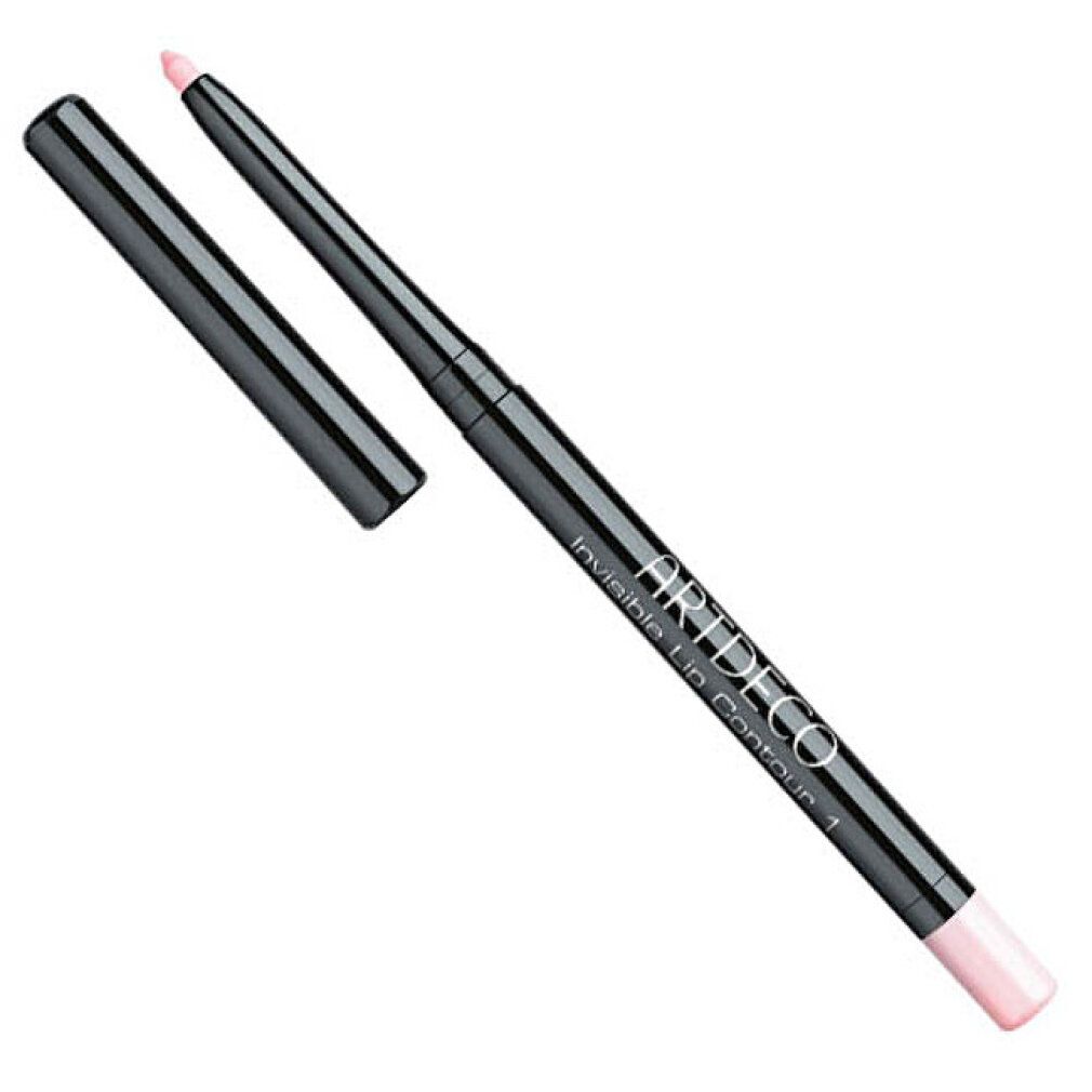 Artdeco Unsichtbarer Lippenkonturenstift. Schwarzer Stift mit rosafarbener Spitze und geöffneter Kappe. Marke und Name sichtbar.