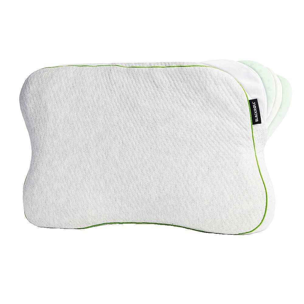 Weißes Kopfkissen mit grüner Umrandung. Schwarzes Label mit Schriftzug. Ergonomische Form.