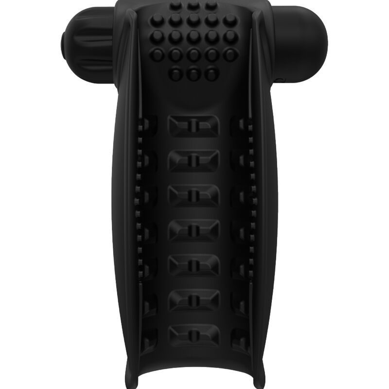 Schwarzes Hand Vibe-Produkt. Geformt mit einer Griffseite und einer strukturierten Oberfläche. Oberseite mit Noppen.