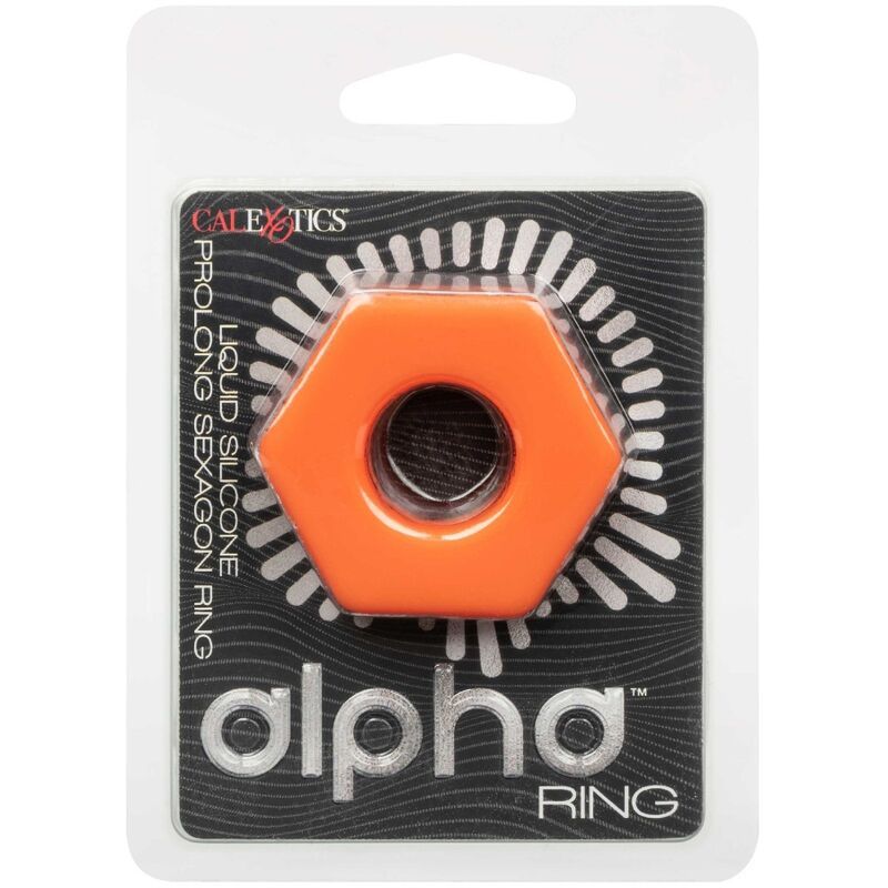 Verpackung mit orangefarbenem Sexagon-Ring. Text: CalExotics, Alpha Ring.