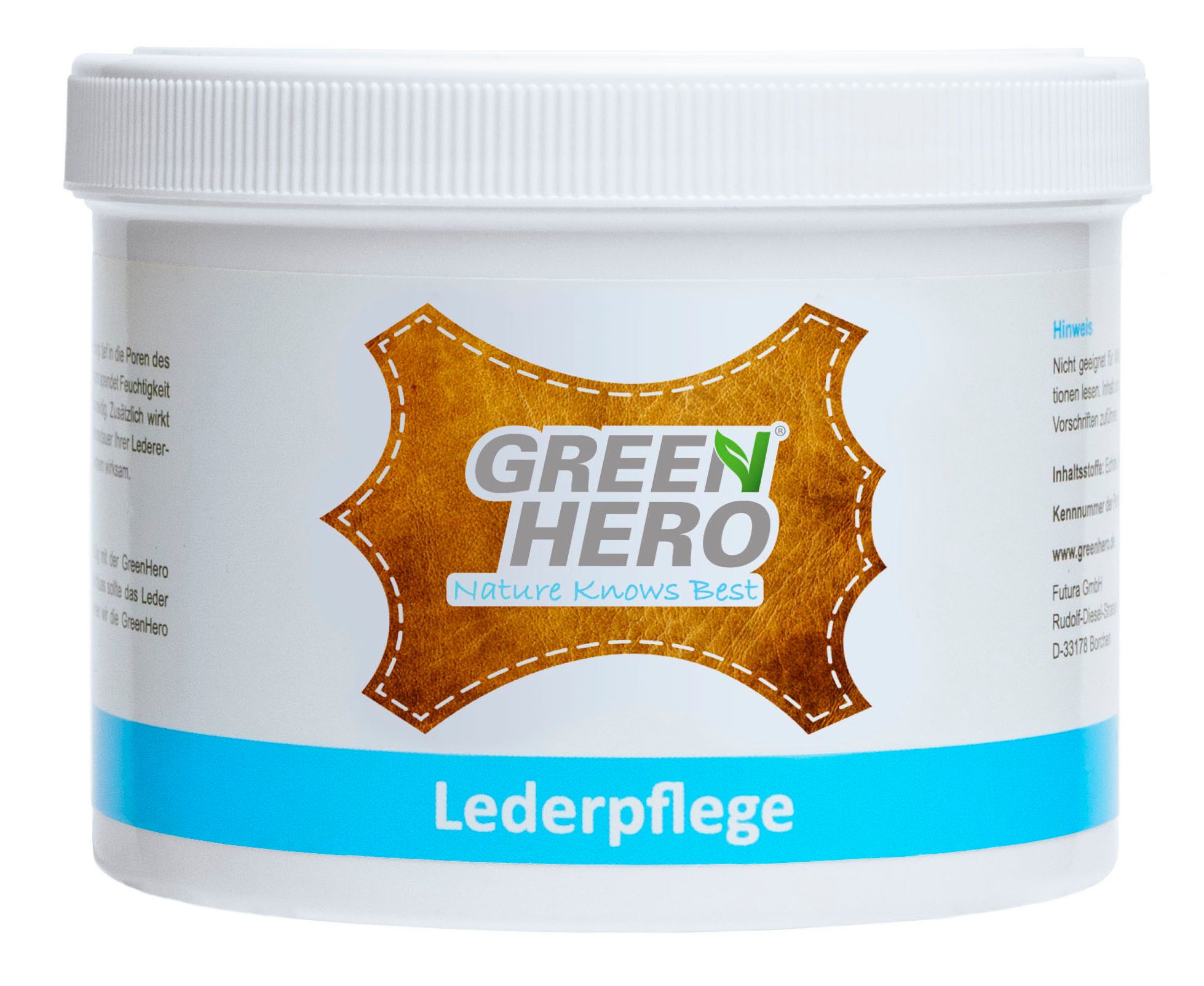 Weißer Tiegel mit blauem Streifen. Aufkleber mit Logo und Schriftzug "GREEN HERO Lederpflege".