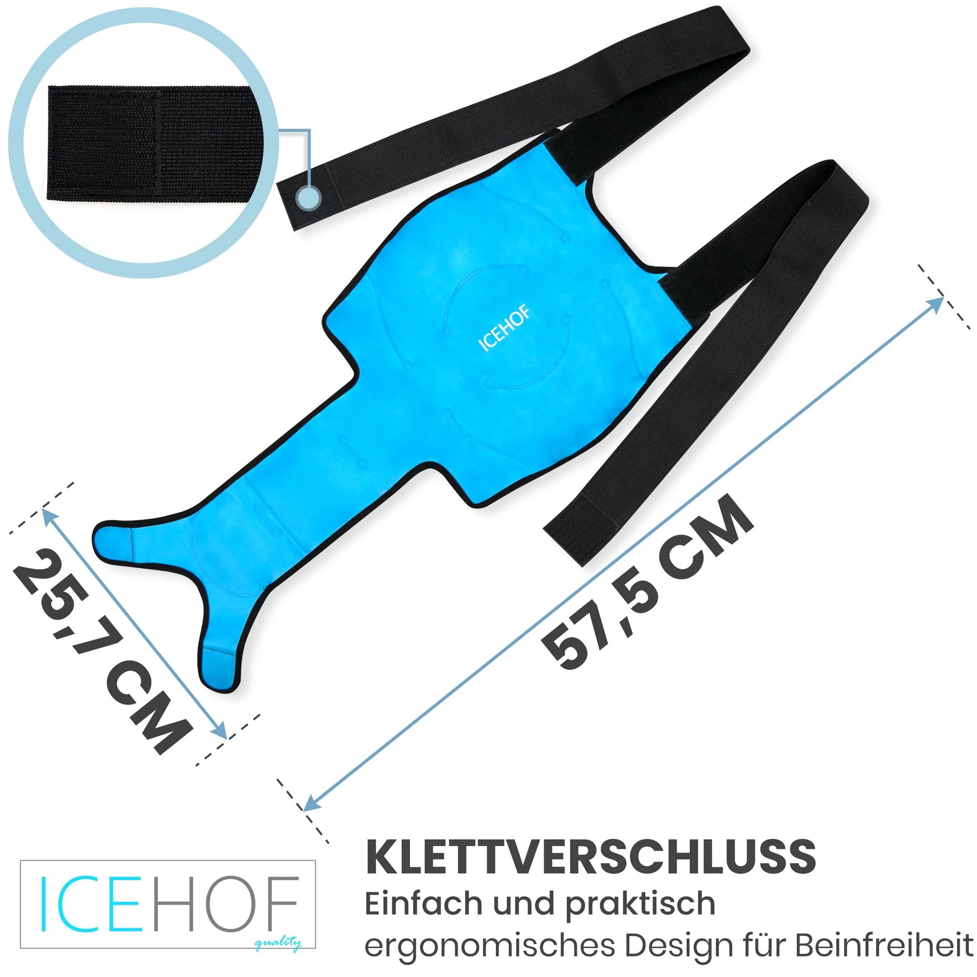Abgeflachte Knie-Kühlmanschette mit Maßen 57,5 cm und 25,7 cm sowie Klettverschluss.