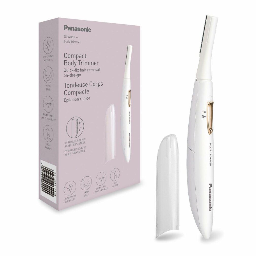 Weißer Body Trimmer mit Verpackung. Auf der Verpackung steht "Compact Body Trimmer". Das Gerät hat eine Schutzkappe.