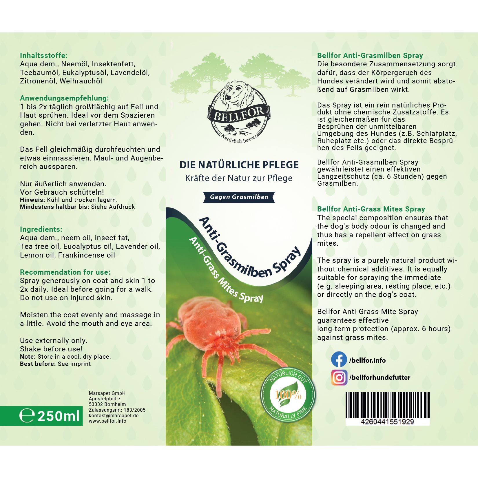 Bellfor Anti-Grasmilben Natürliches Spray für Hunde
