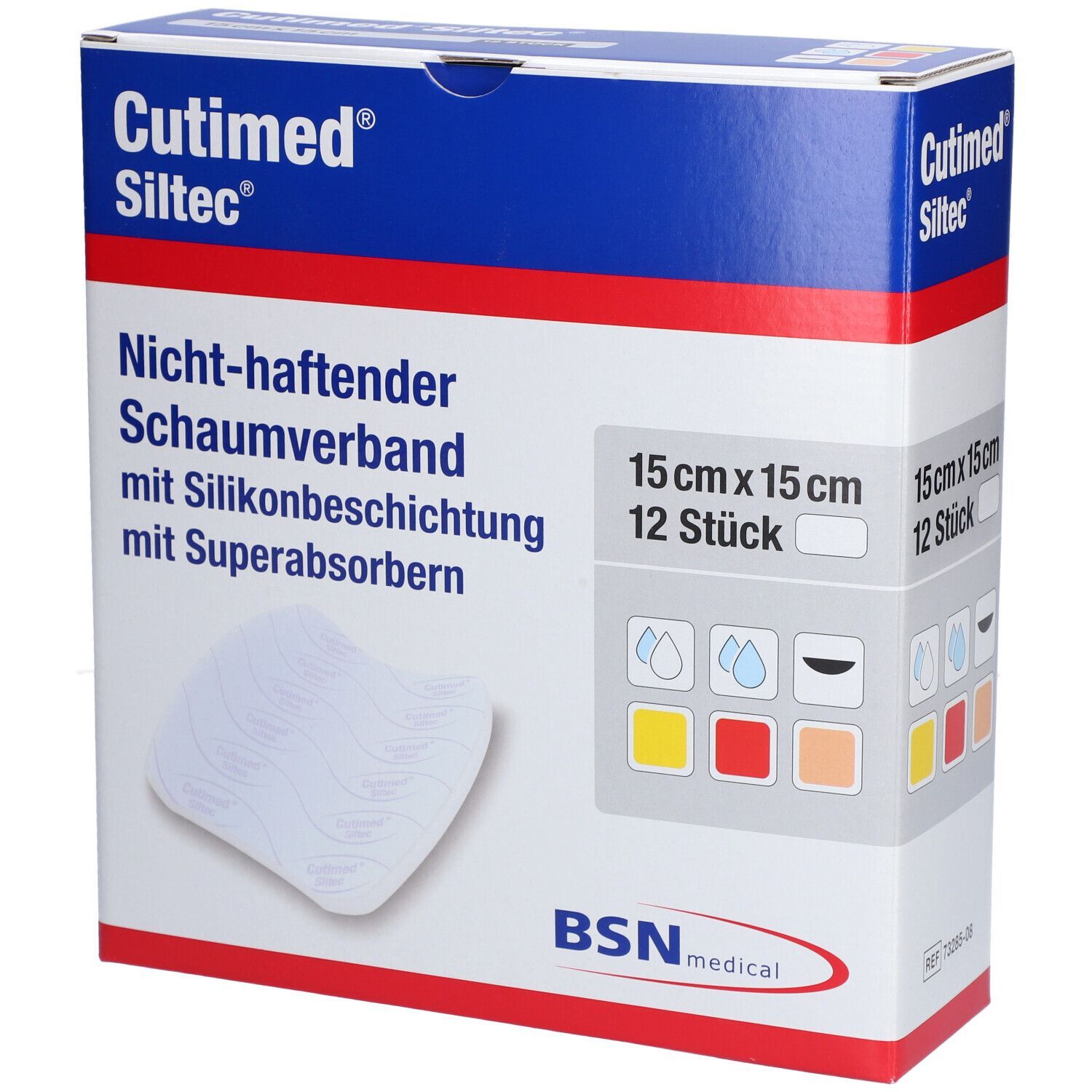 Verpackung von Cutimed Siltec Schaumverband, 15x15 cm, 12 Stück. Nicht-haftend mit Silikonbeschichtung und Superabsorbern. BSN medical.