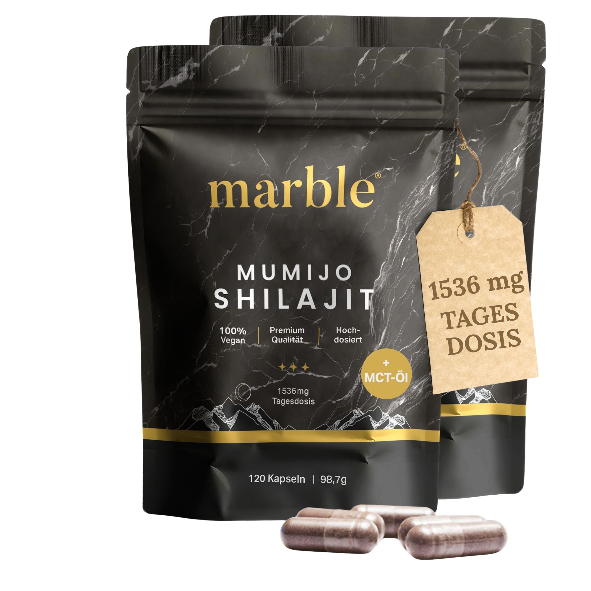 Zwei schwarze Verpackungen mit Logo: marble MUMIJO SHILAJIT. Text: 1536 mg Tagesdosis. Etikett: 120 Kapseln. Daneben: Kapseln. Merkmale: 100% vegan, Premium Qualität, hochdosiert, MCT-Öl.