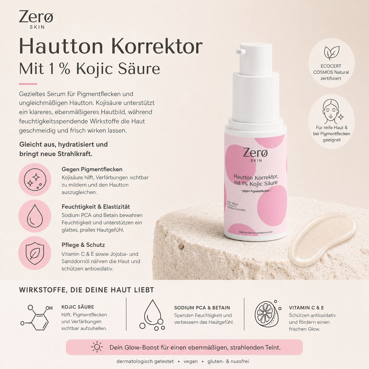 Werbebild mit Produktflasche, Text und Illustrationen. Steiniger Hintergrund.