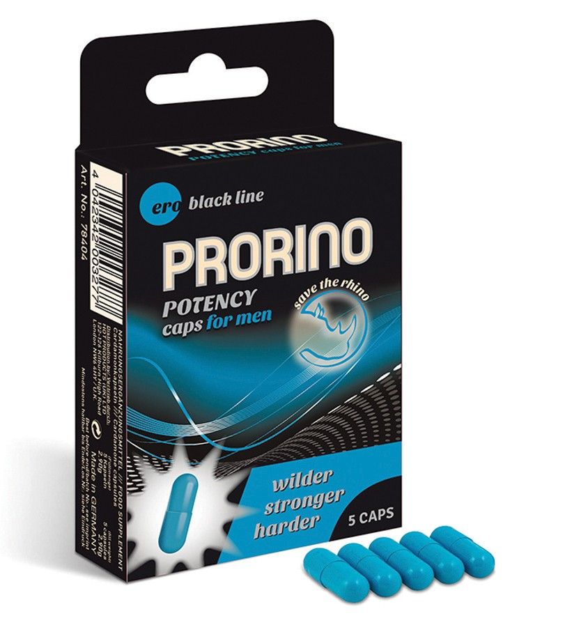 Schwarze Schachtel mit blauen Kapseln. Aufschrift: Prorino Potency Caps for men. Enthält 5 Kapseln. Logo: Nashorn. Text: Wilder, stärker, härter.
