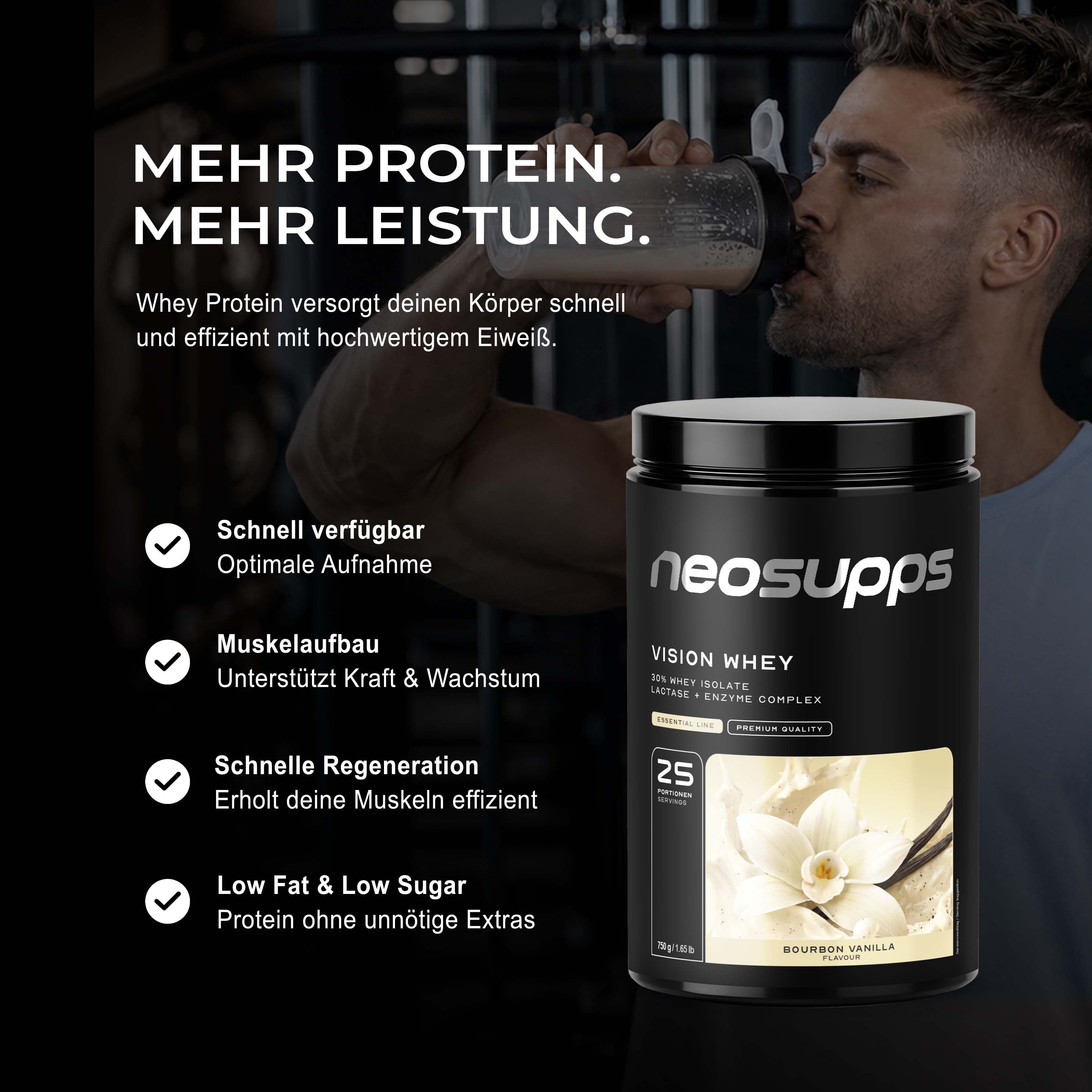 Mann trinkt Proteinshake neben Neosupps Vision Whey Protein Dose. Für Muskelaufbau und schnelle Regeneration.