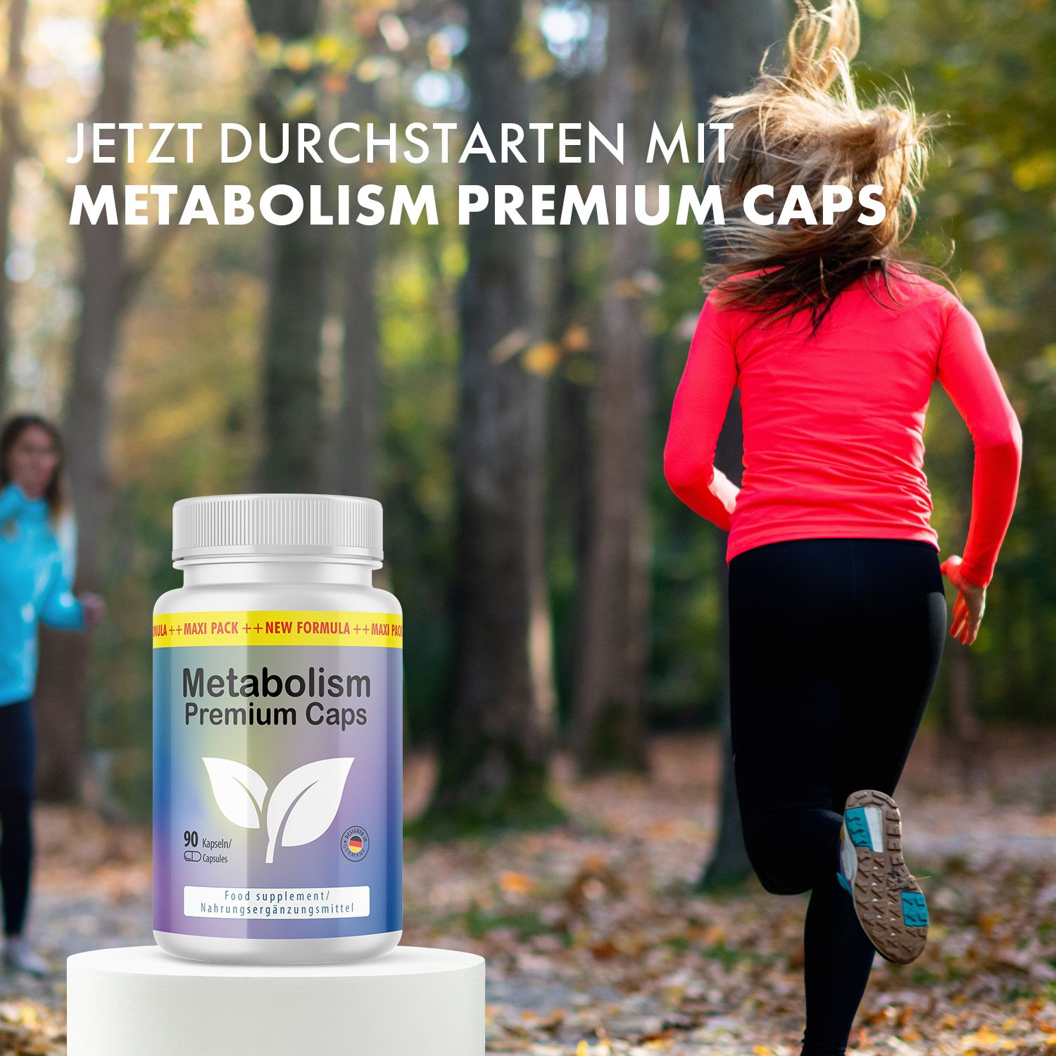 Frau rennt im Wald, im Vordergrund eine Flasche mit Kapseln. Aufschrift: Metabolism Premium Caps, 90 Kapseln.