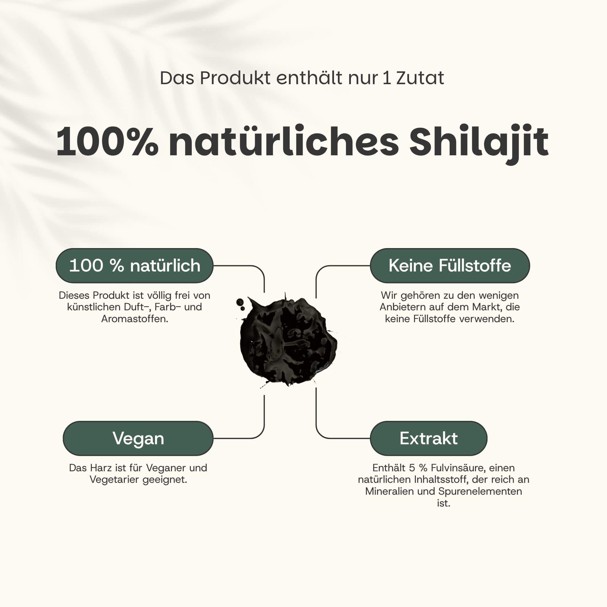 Grafik mit Text: 100% natürliches Shilajit. 100% natürlich, keine Füllstoffe, vegan, Extrakt.