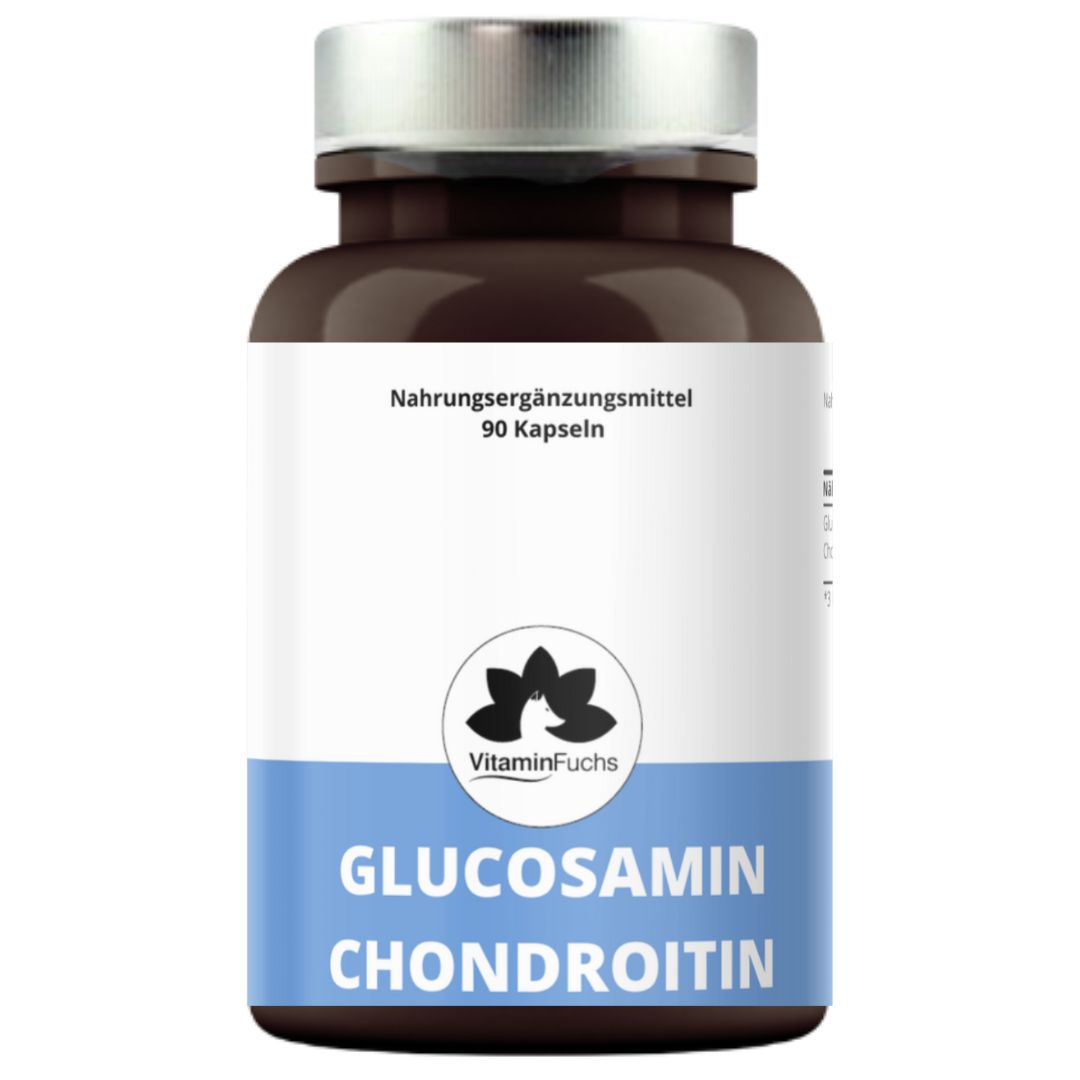 Braune Flasche mit weißem Etikett. Text: Glucosamin Chondroitin, 90 Kapseln. Logo: VitaminFuchs.