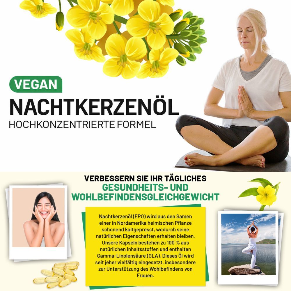 Text: Vegan Nachtkerzenöl, hochkonzentrierte Formel. Bilder: Frau meditiert, Frau lächelt, Softgels, Yoga-Pose.