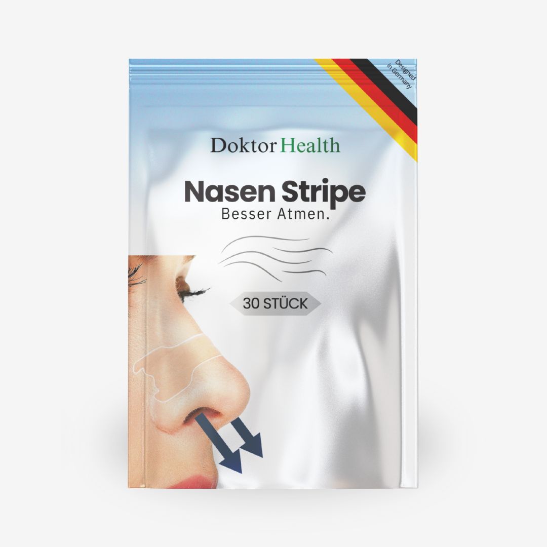 Verpackung mit Nasen Strips. Aufschrift: Doktor Health, Nasen Stripe, 30 Stück. Abbildung einer Nase mit Pfeilen.