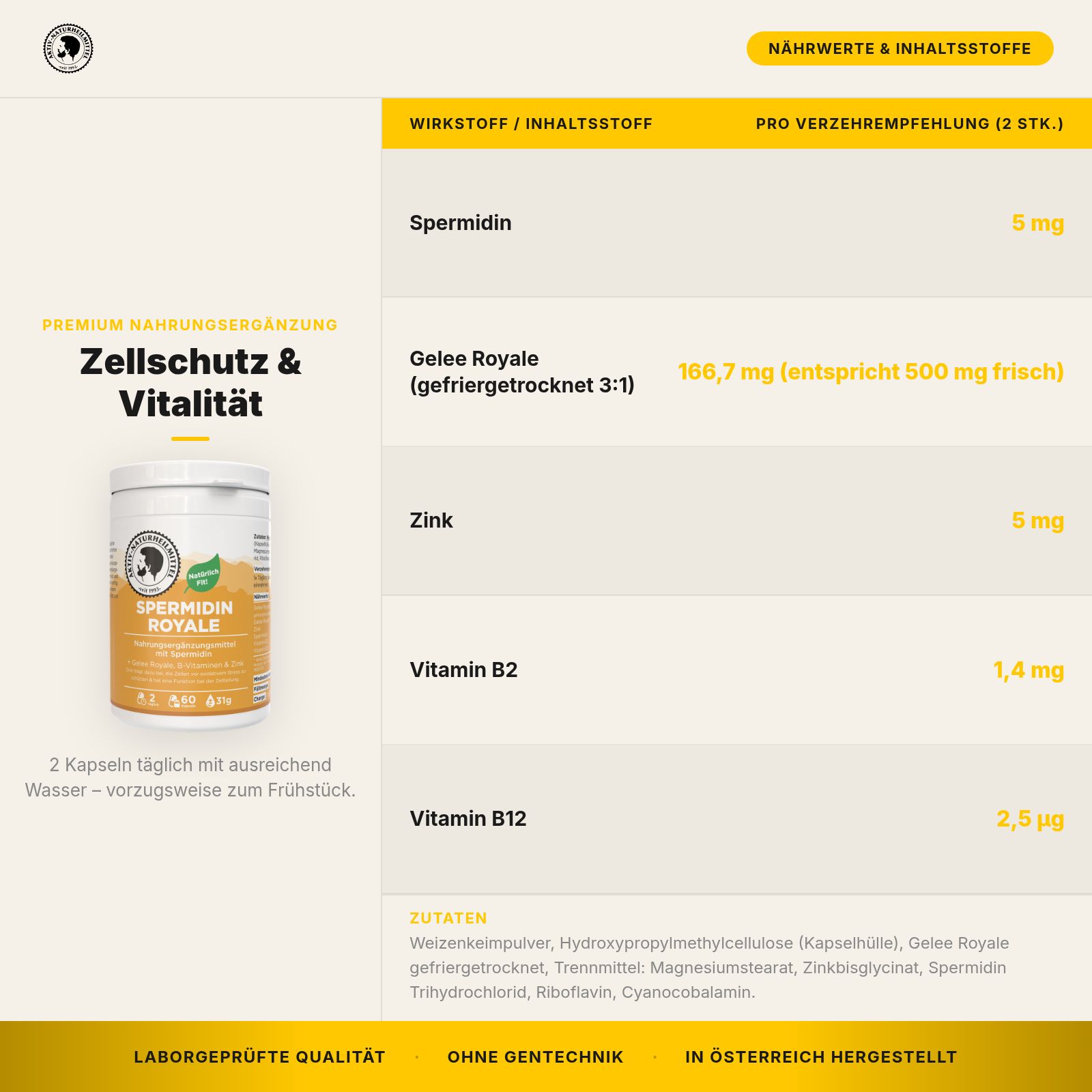 Dose Spermidin Royale Nahrungsergänzungsmittel mit Zellschutz & Vitalität Aufschrift. Enthält Spermidin, Gelee Royale, Zink, Vitamin B2, B12.