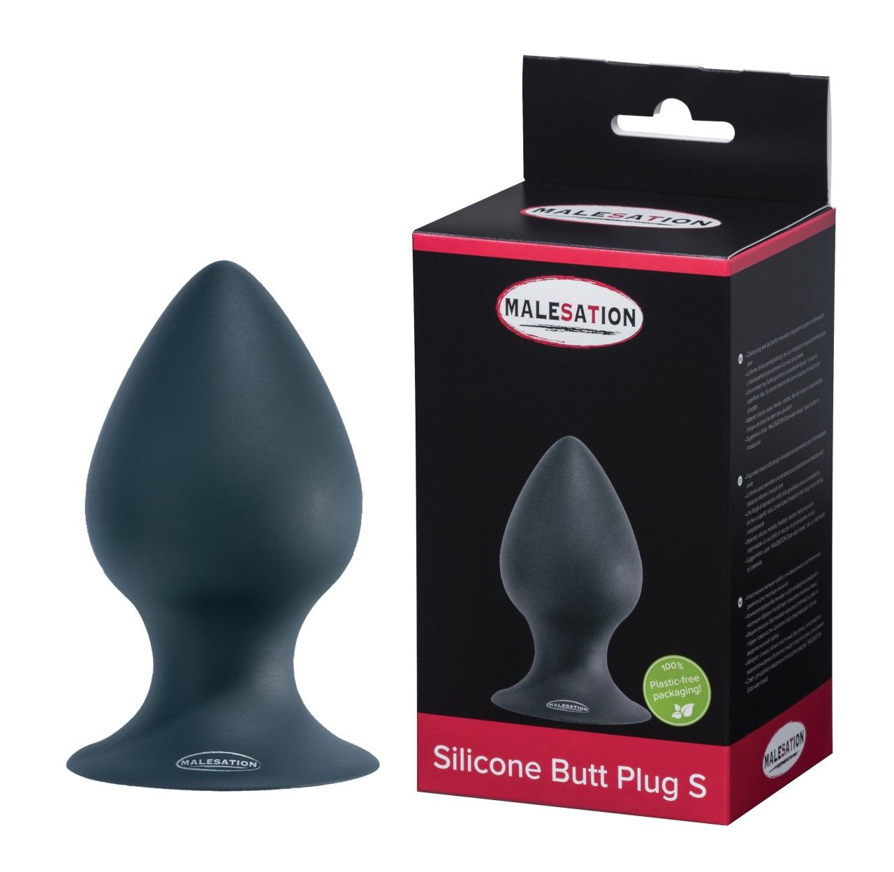Dunkelblauer Silikon-Butt-Plug und Verpackung. Verpackung mit MALESATION-Logo und Produktbezeichnung.