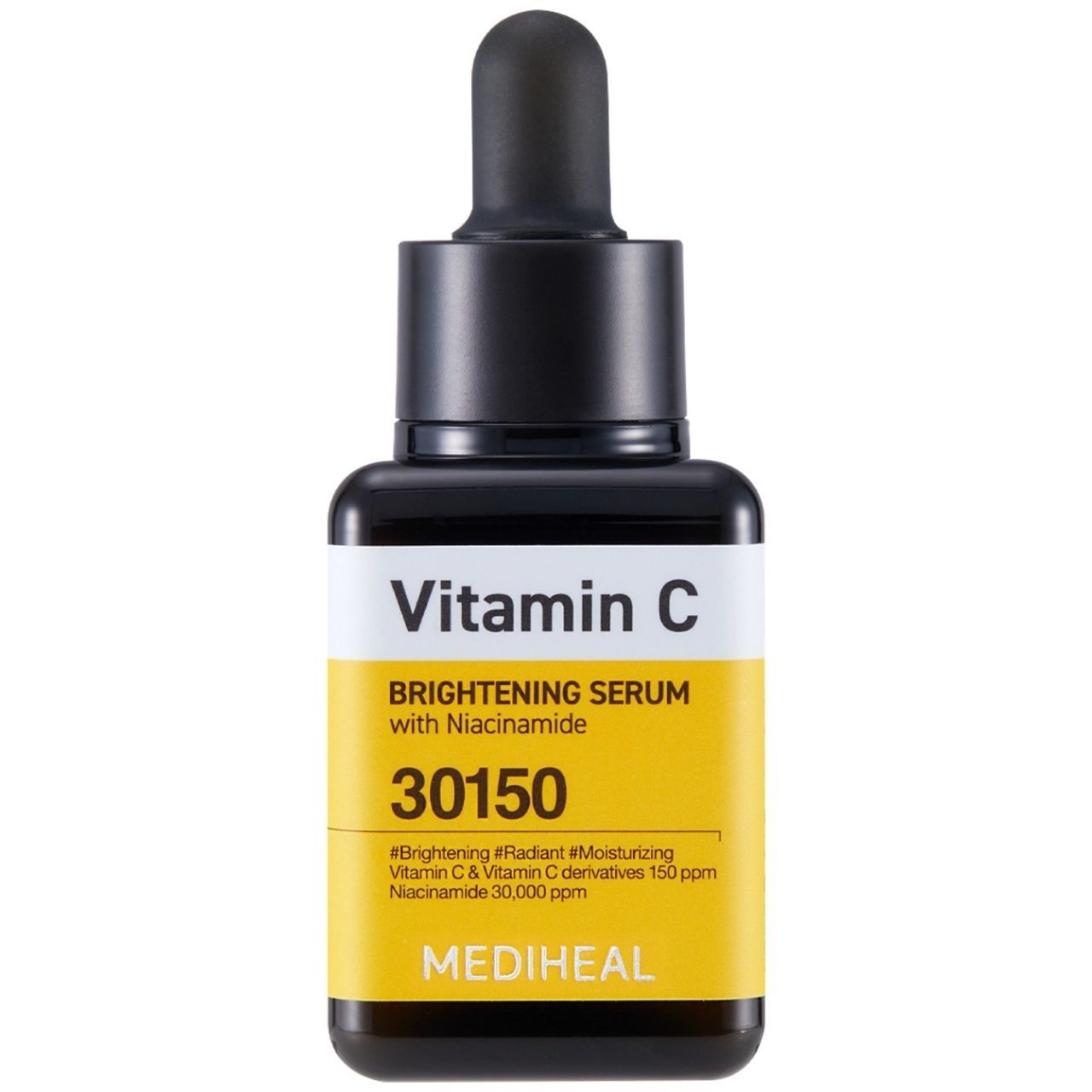 Mediheal Vitamin C Brightening Serum Flasche mit Pipette. Schwarzer Verschluss, gelbes Etikett mit weißer Schrift.