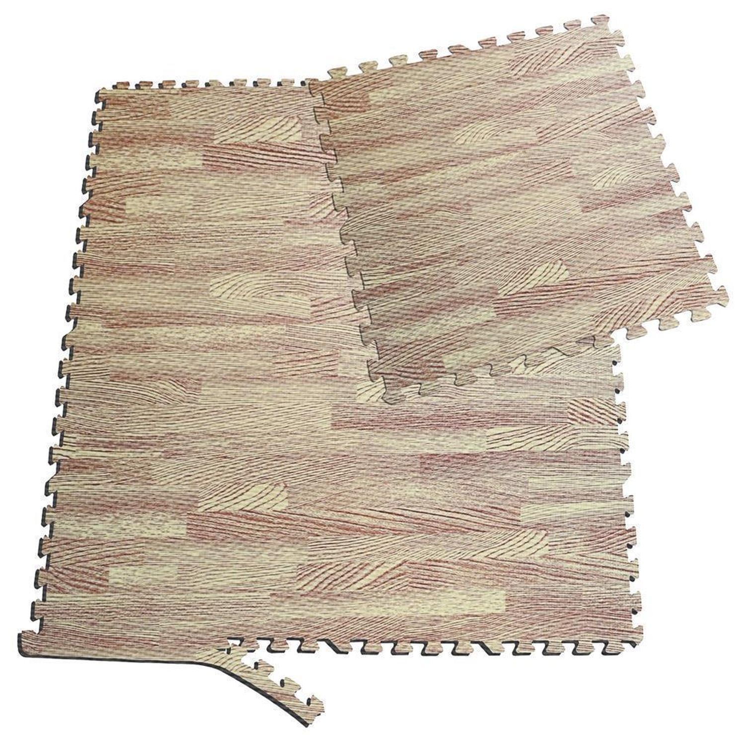 Mehrere Puzzleteile mit Holzoptik. Die Teile sind ineinander gesteckt und bilden eine größere Fläche. Einzelnes Teil liegt daneben.