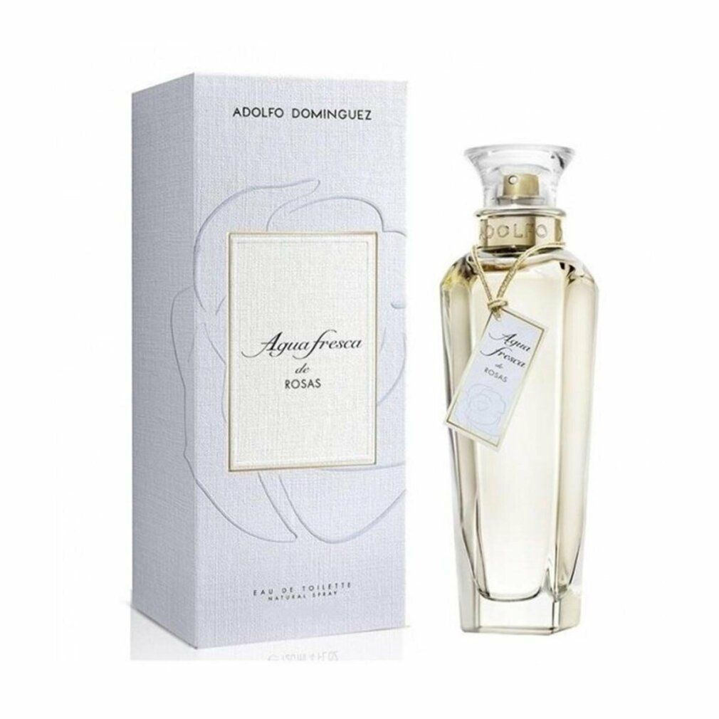 Adolfo Dominguez Agua Fresca de Rosas Eau de Toilette Spray. Flakon und Verpackung in Weiß. Etikett mit Produktnamen.