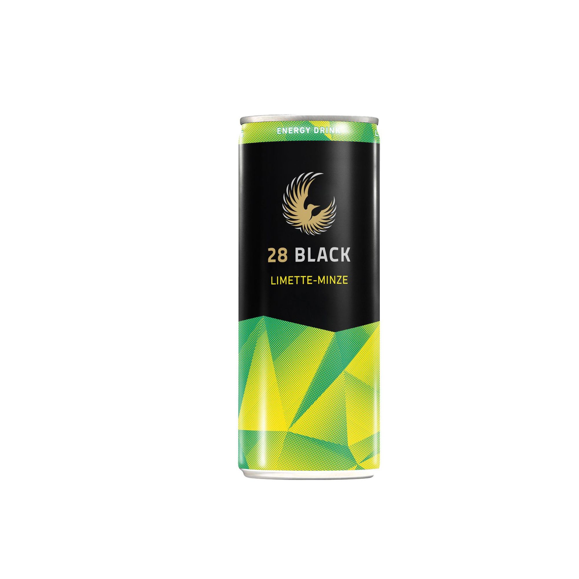 Zylinderdose 28 Black Limette-Minze. Schwarz, goldfarbenes Logo, grüne und gelbe geometrische Muster. "Energy Drink".