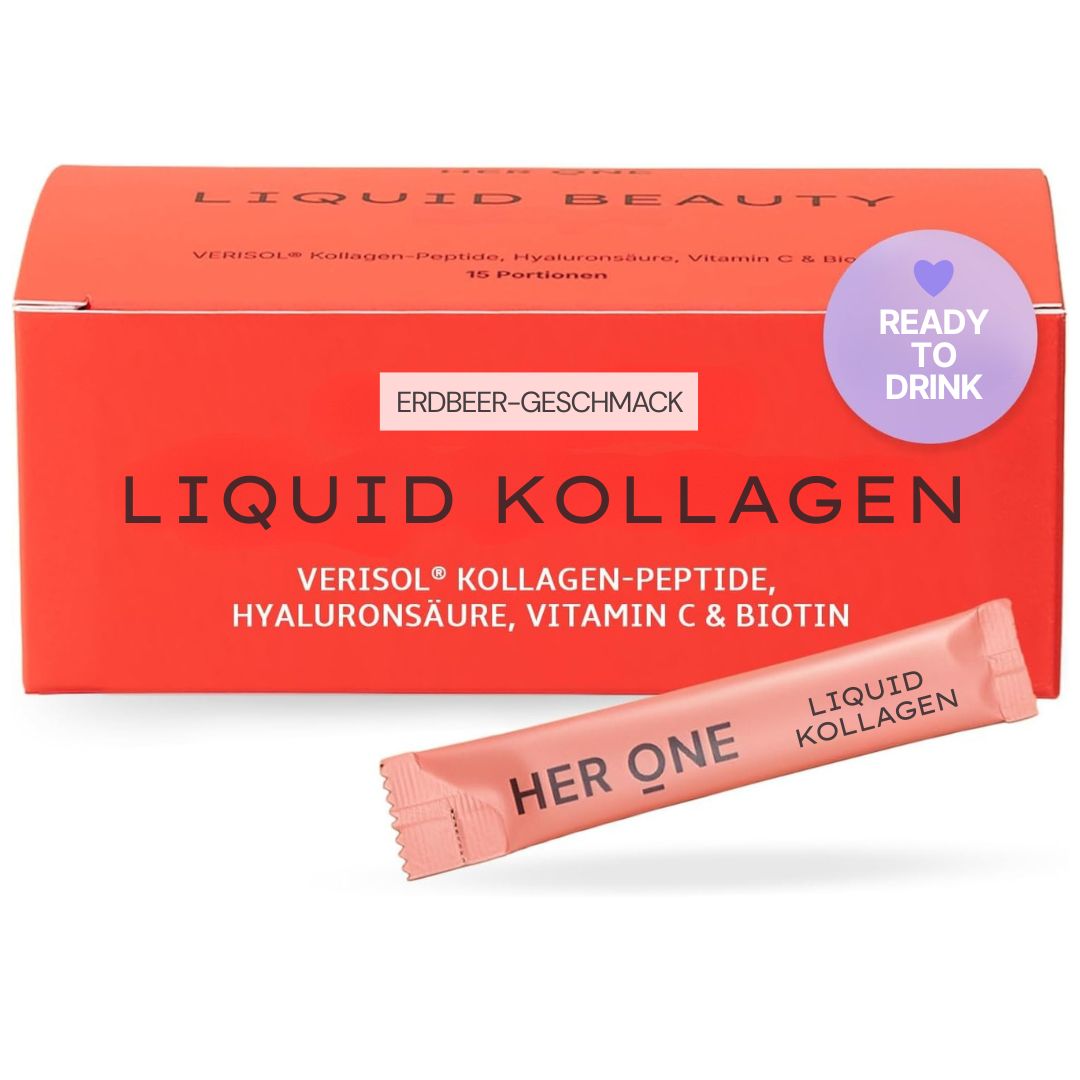 Rote Verpackung mit Schriftzug LIQUID KOLLAGEN. Einzelne Portion in Rosa. Aufschrift: HER ONE LIQUID KOLLAGEN Erdbeer-Geschmack.