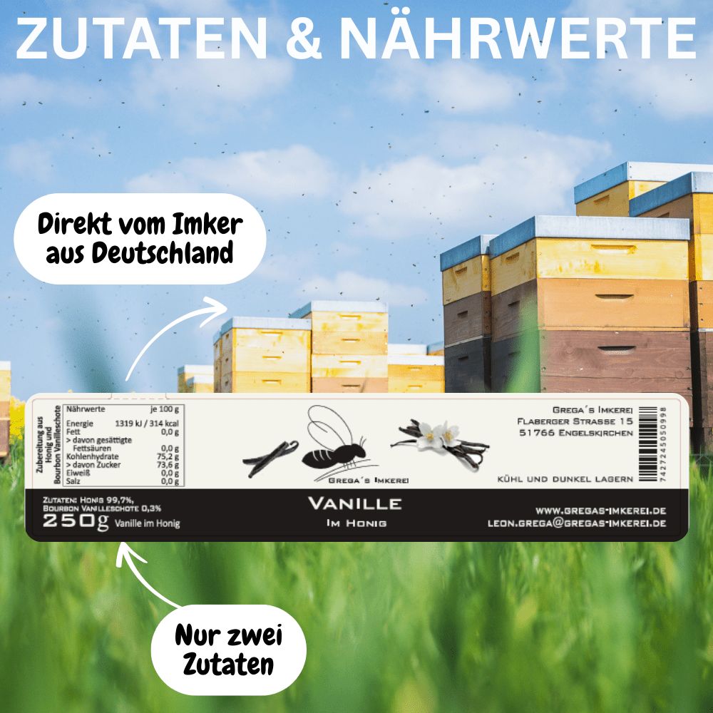 Honig mit Vanillegeschmack, 250g Glas. Zutaten: 99,7% Honig, Vanillearoma.