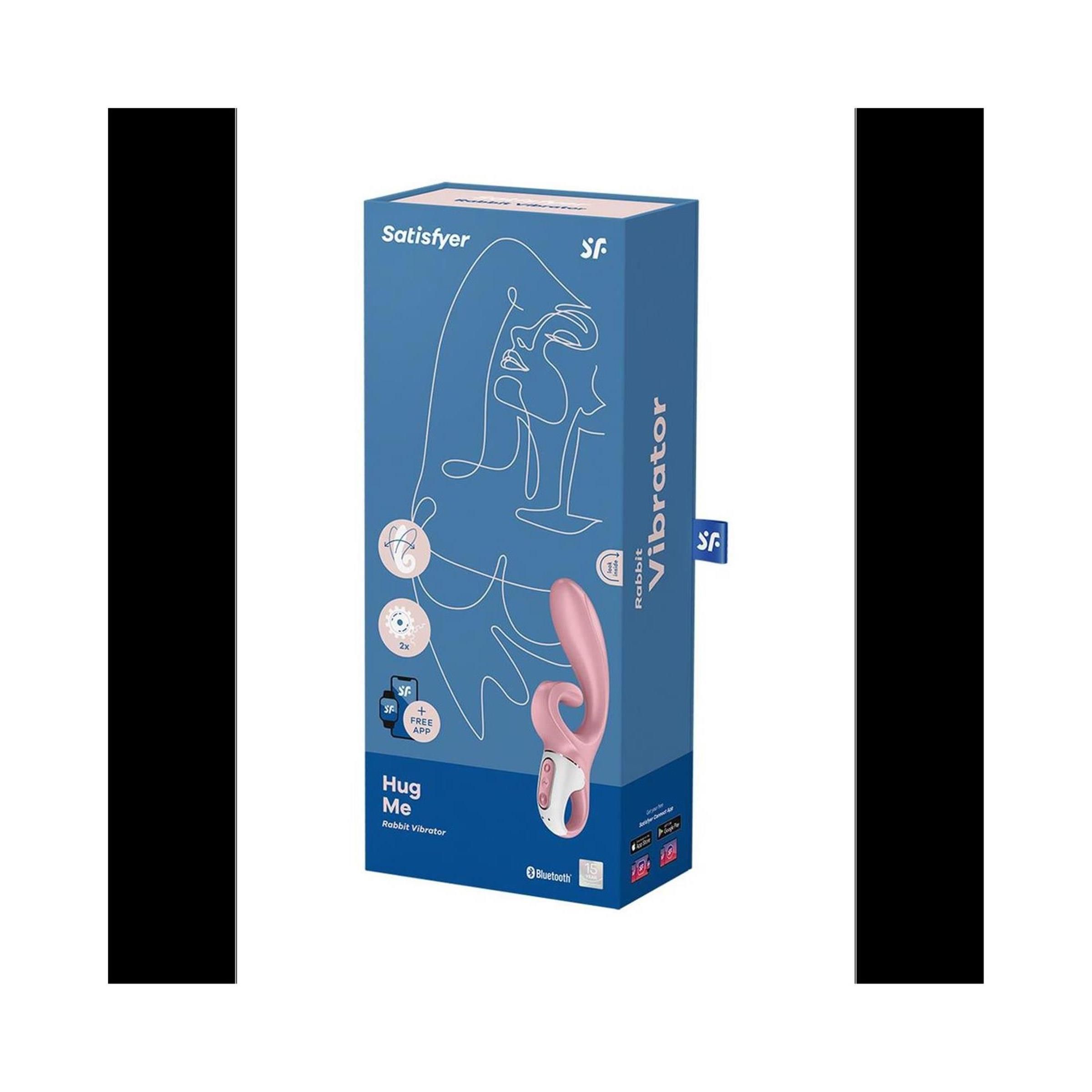 Verpackung des Satisfyer Hug Me Rabbit Vibrators. Blau, mit Produktabbildung und Logos. Enthält Informationen zur App-Nutzung.