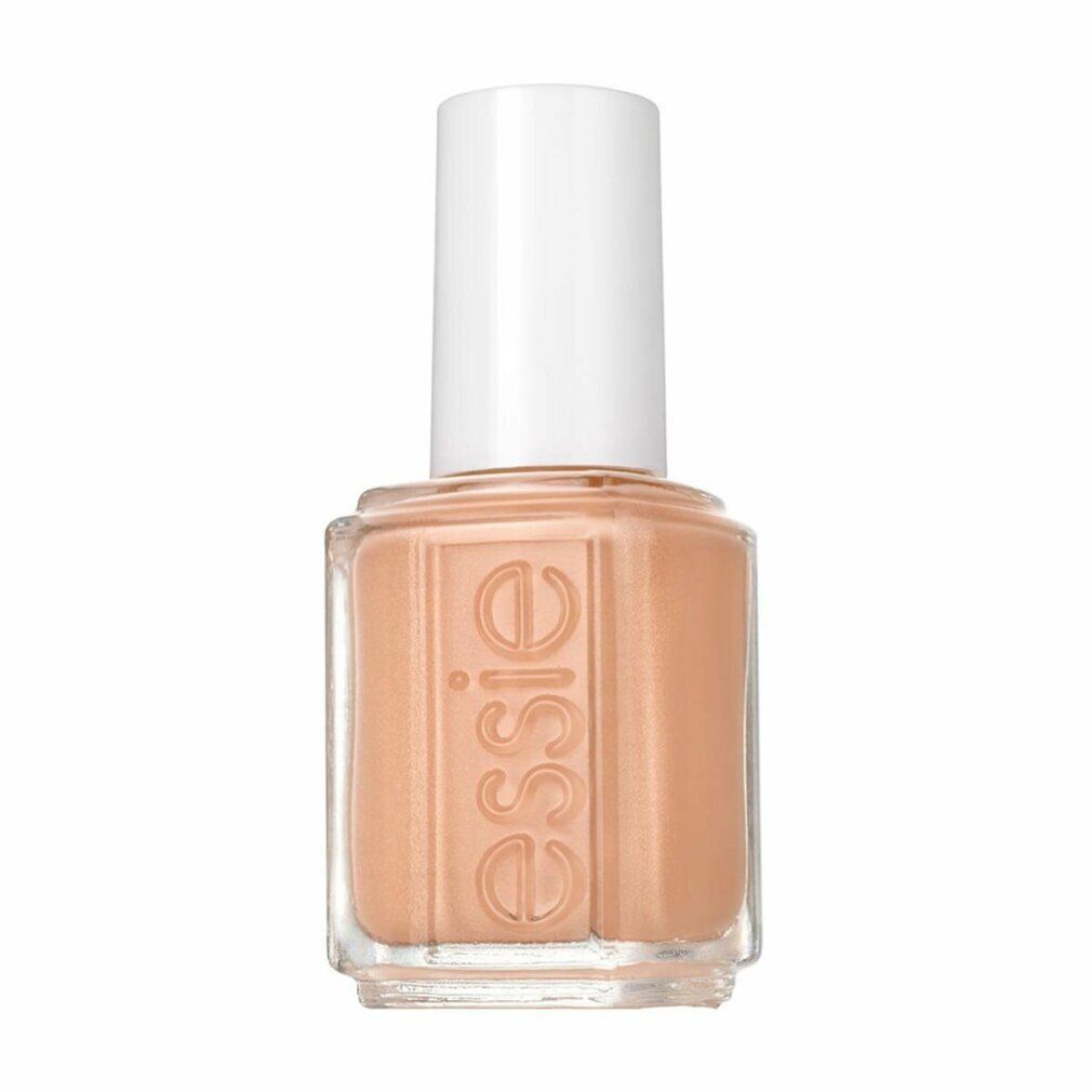 Nagellackflasche mit hellem, pfirsichfarbenem Lack und weißem Verschluss. Auf der Flasche steht "essie".