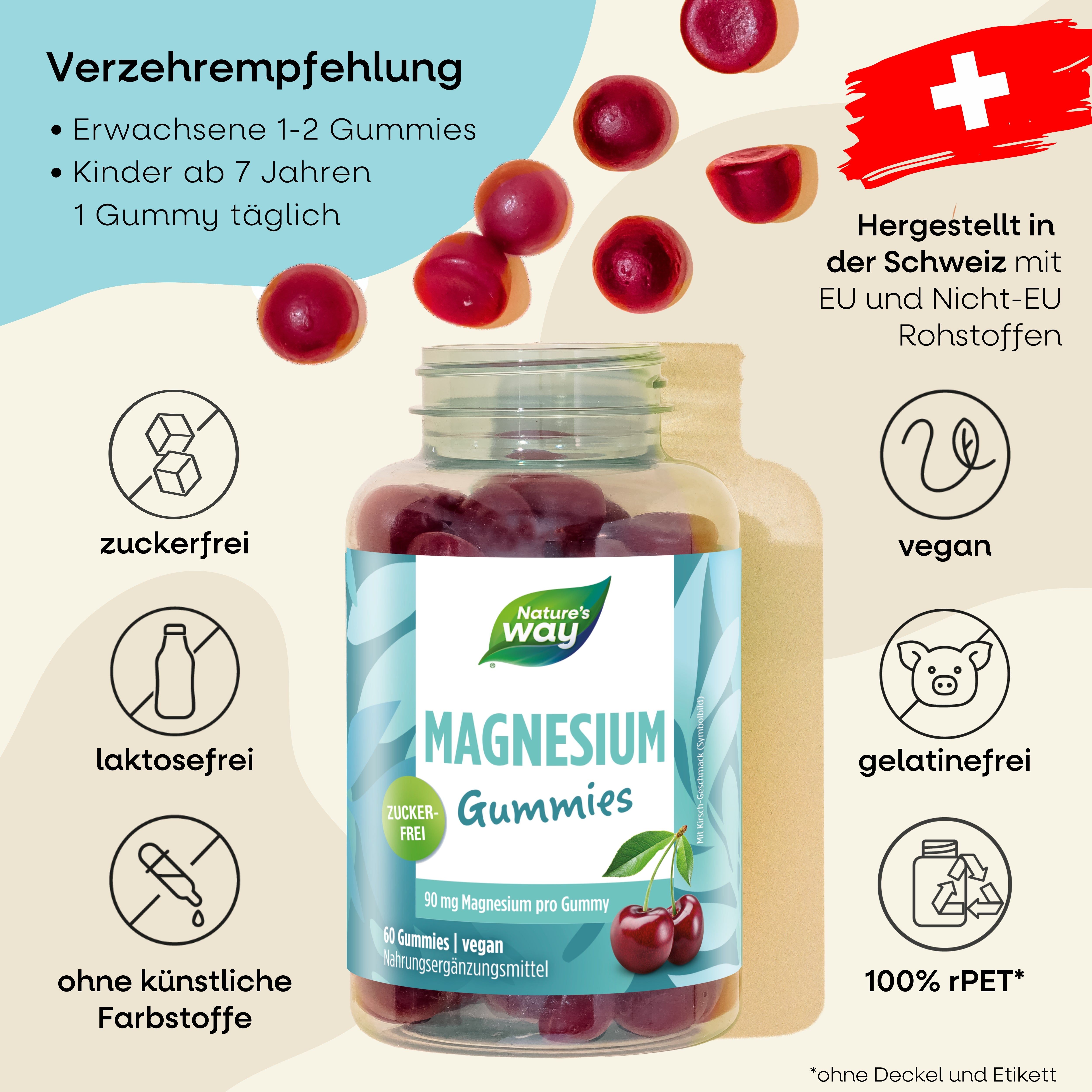 Glas mit Gummies. Text: zuckerfrei, vegan, laktosefrei, ohne künstliche Farbstoffe. Hergestellt in der Schweiz mit EU- und Nicht-EU-Rohstoffen.