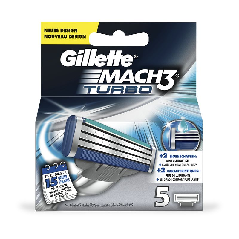 Verpackung mit Gillette MACH3 Turbo Rasierklingen. Enthält 5 Klingen. Neues Design.