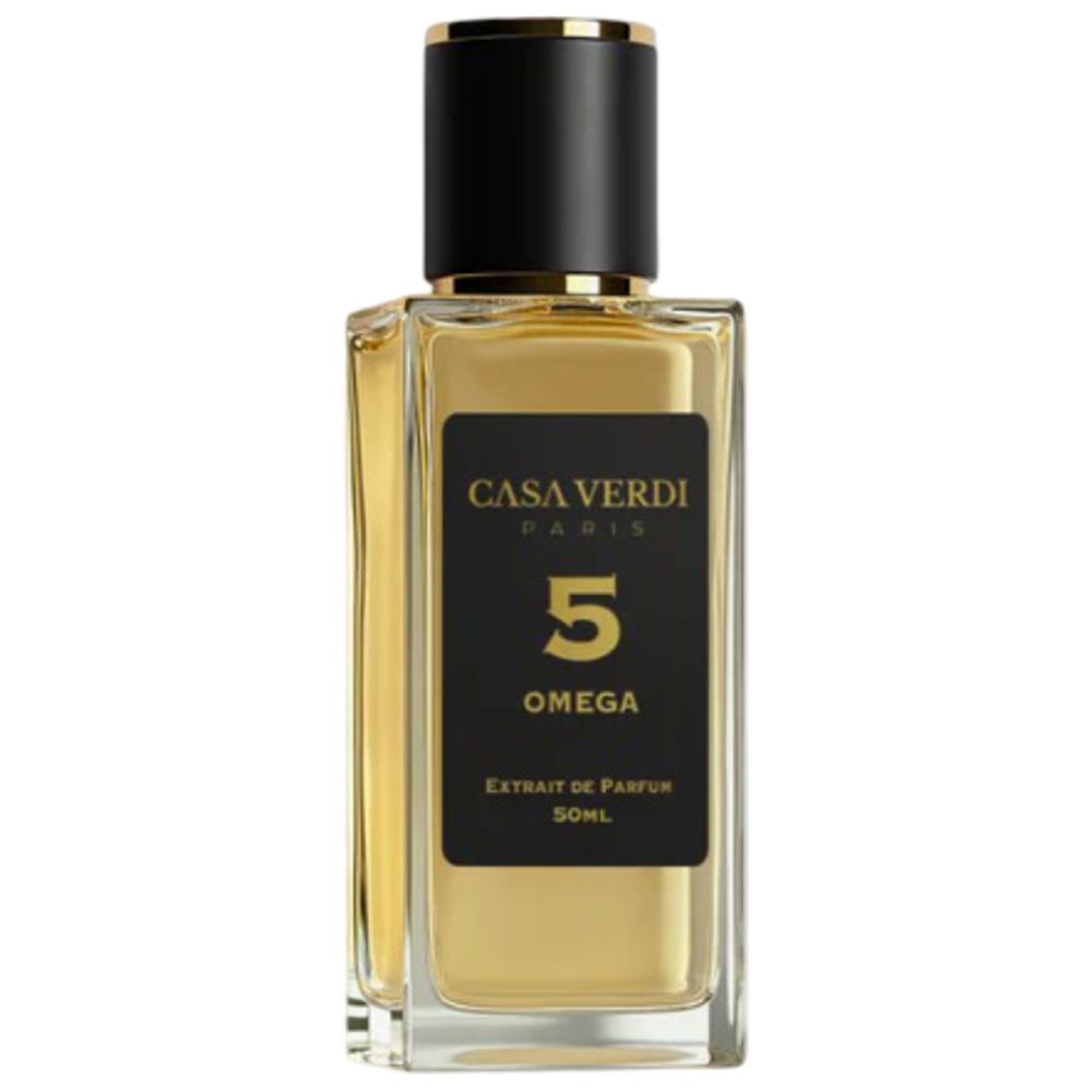Flakon mit schwarzem Verschluss. Aufkleber mit Text: CASA VERDI PARIS, 5, OMEGA, Extrait de Parfum, 50ml.