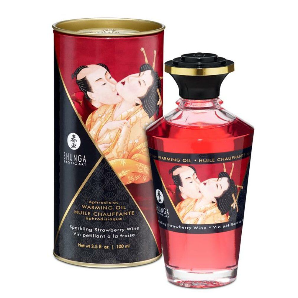 Rode fles en doos met etiketten. Opschrift: Shunga, Warming Oil, aardbei aroma. Illustratie van een kussend paar.