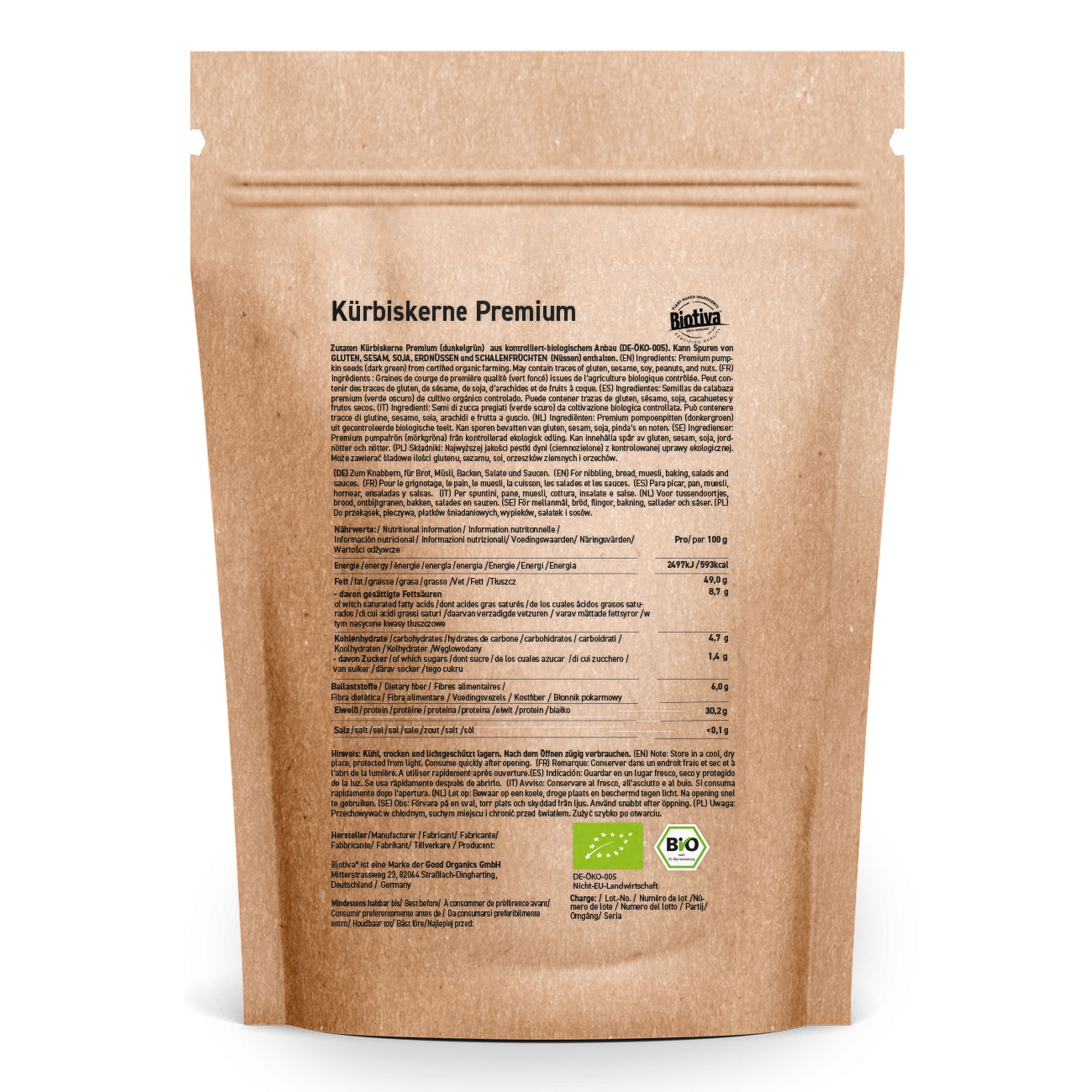 Rückseite der Biotiva Kürbiskerne Premium Bio-Verpackung mit Nährwertangaben und Bio-Siegel.