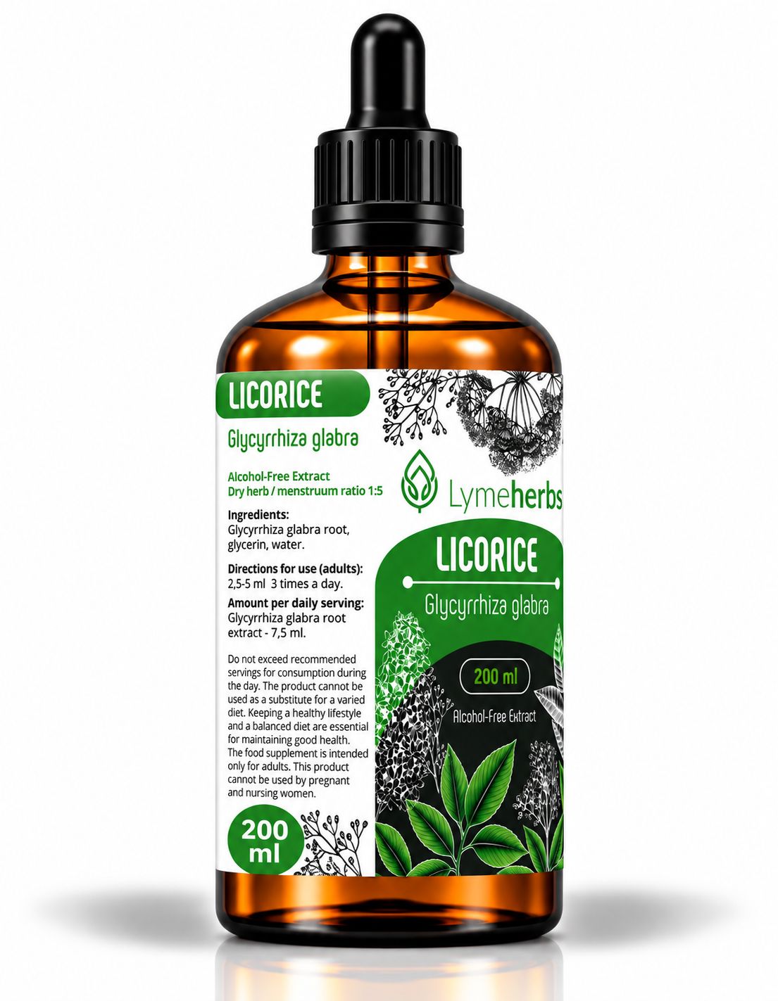 Bernsteinfarbene Glasflasche mit Pipettenverschluss, enthält 200 ml Lakritze-Extrakt.