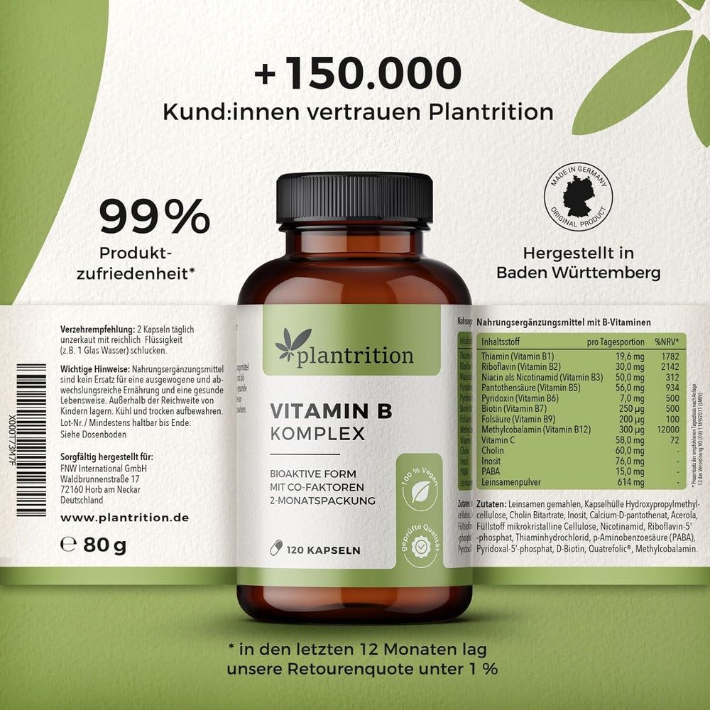 plantrition Vitamin B Komplex hochdosiert (vegan) B1 B2 B3 B5 B12 + Biotin Folsäure 120 St