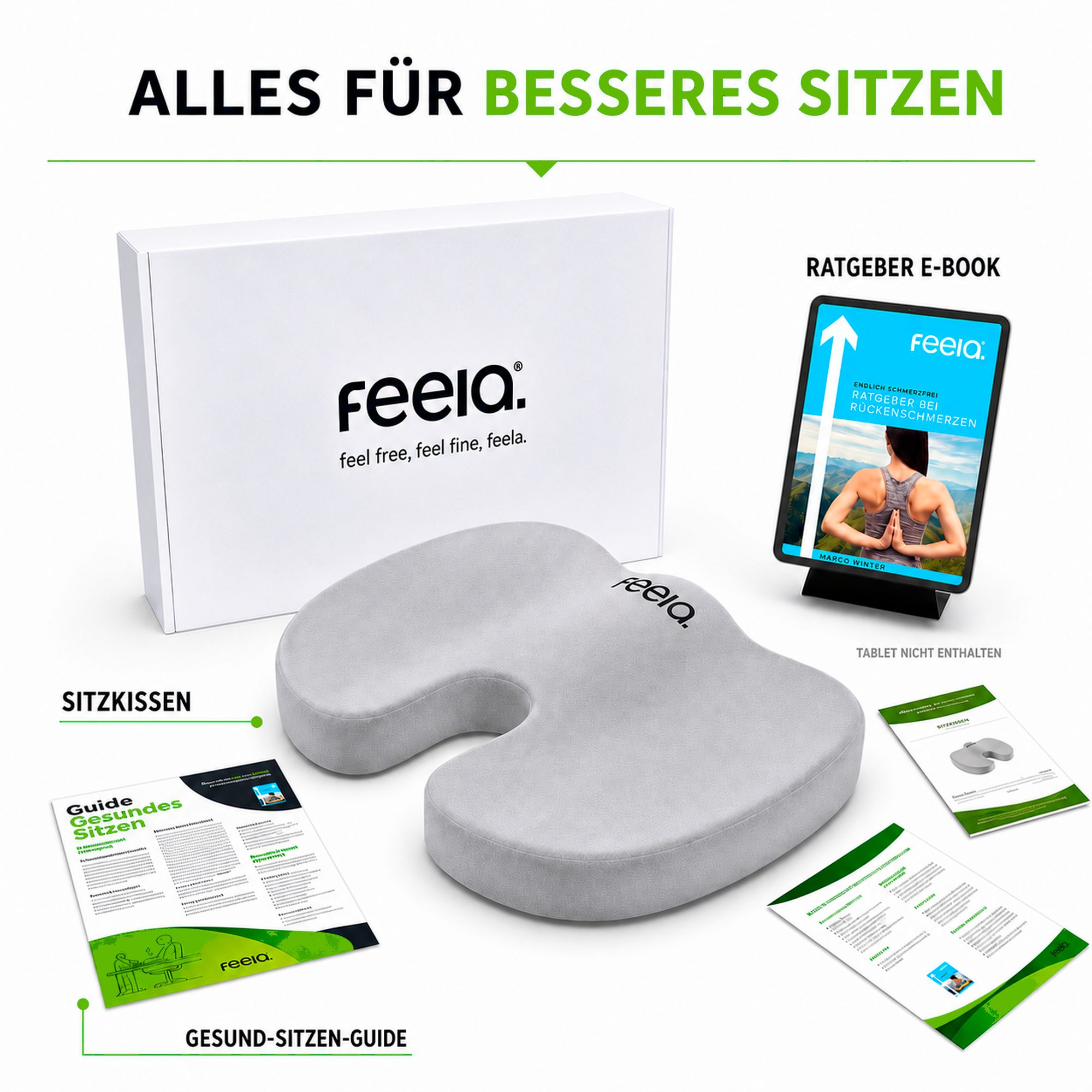 Sitzkissen, Verpackung, E-Book Ratgeber und Gesundheits-Guide.