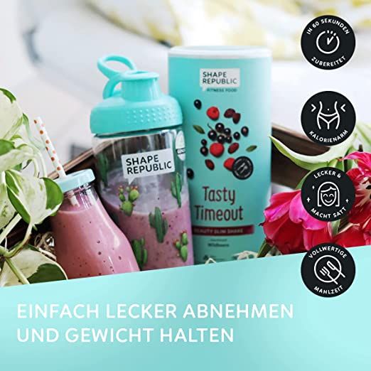 Produktabbildung mit Shake-Becher, Shake-Flasche und Dose. Text: Einfach lecker abnehmen und Gewicht halten.