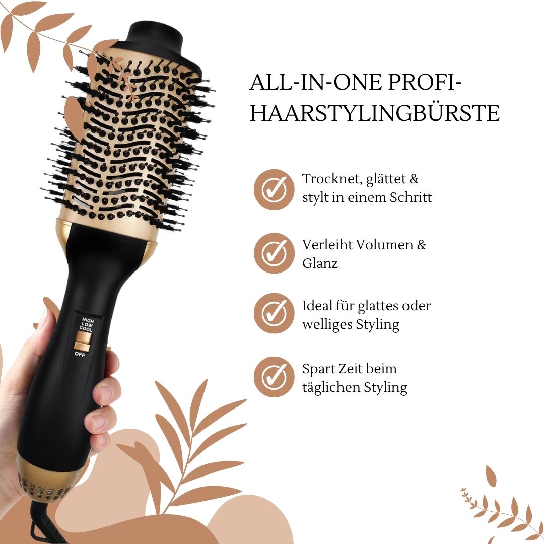 Haarstylingbürste, schwarz-gold. Text: ALL-IN-ONE PROFI-HAARSTYLINGBÜRSTE. Vorteile: Trocknet, glättet, verleiht Volumen & Glanz, ideal für Styling.