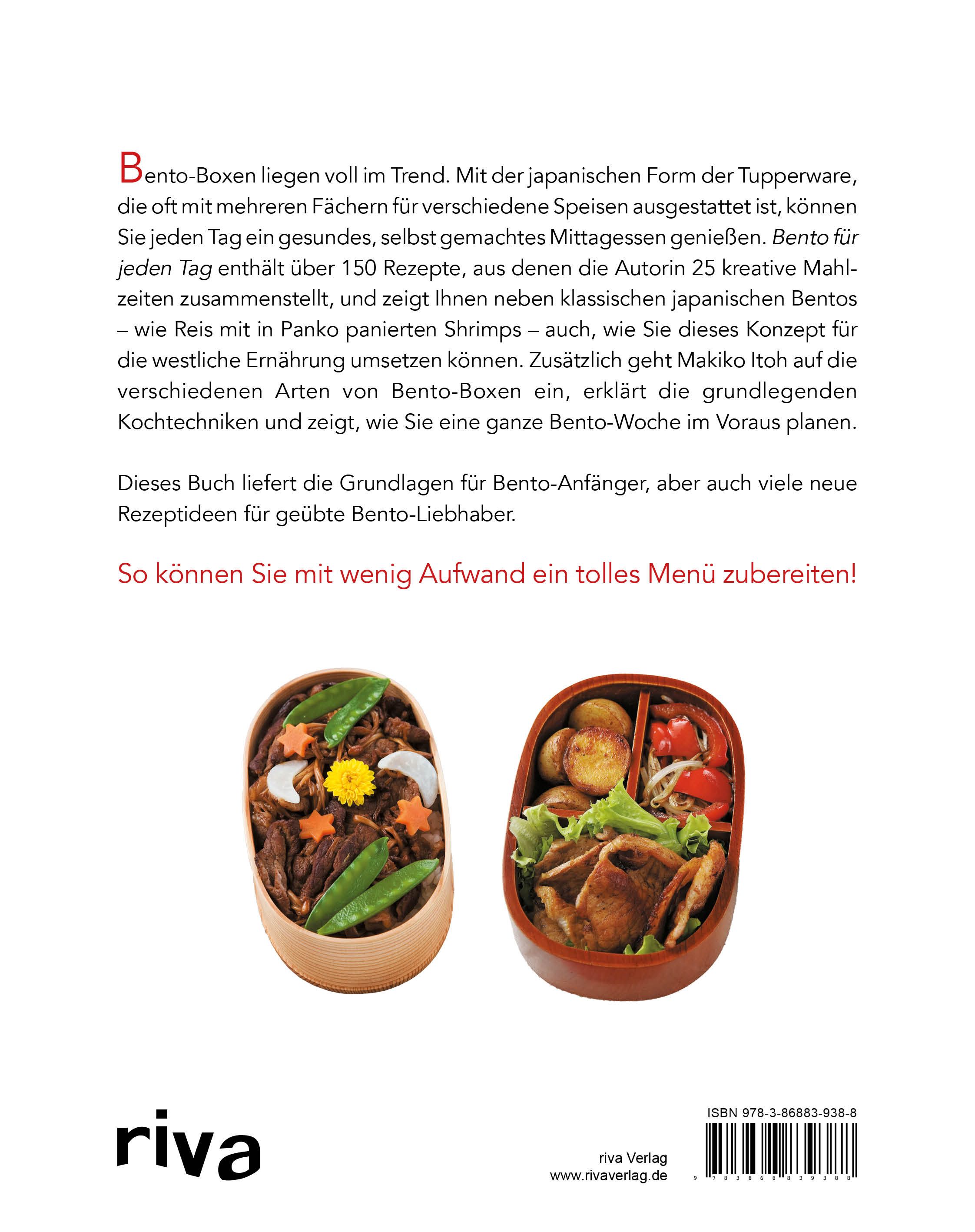 Rückseite des Buches "Bento für jeden Tag". Text und zwei Bento-Box-Beispiele. Riva-Verlag.