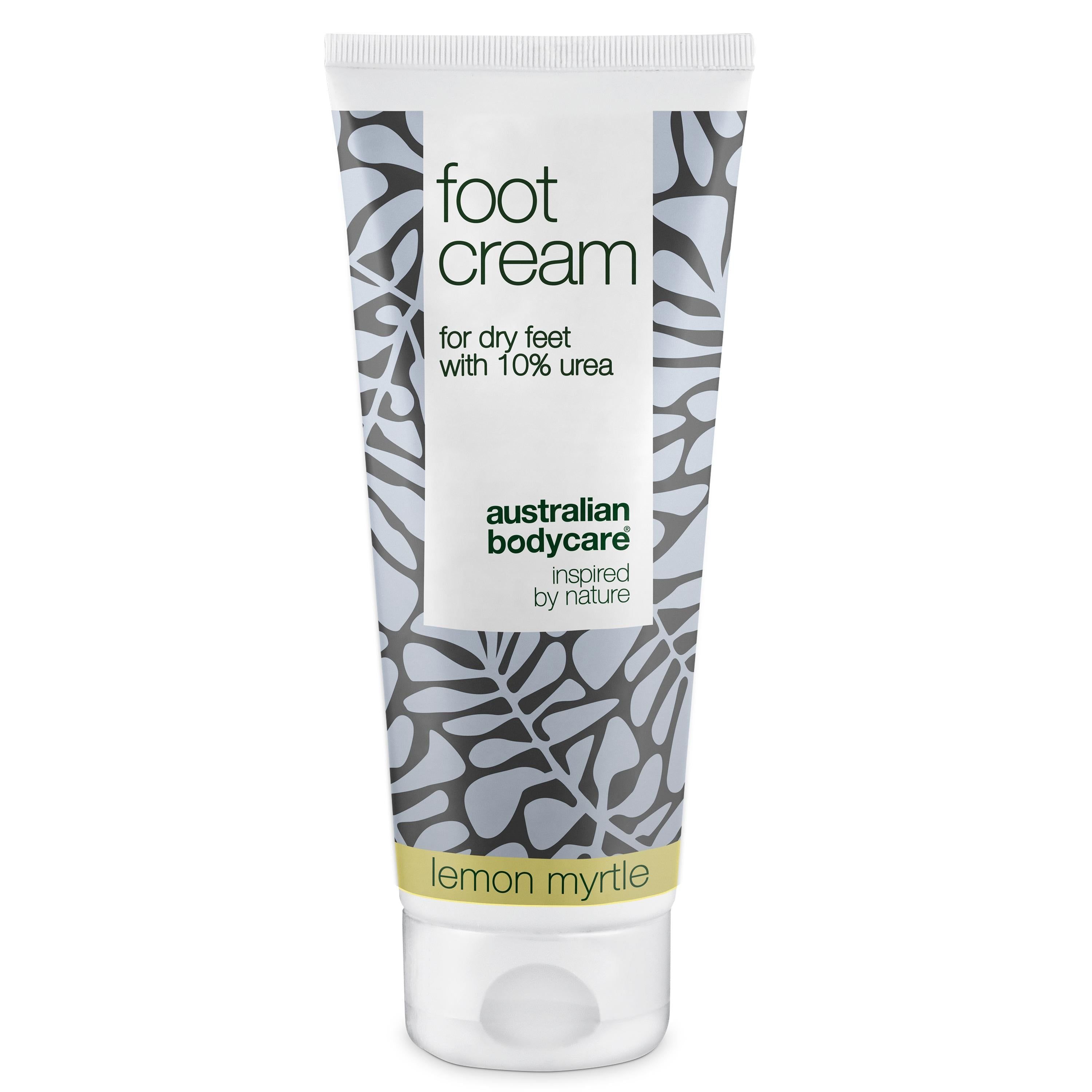 Fußcreme-Tube mit floralem Muster. Text: "foot cream", "for dry feet", "10% urea", "australian bodycare".