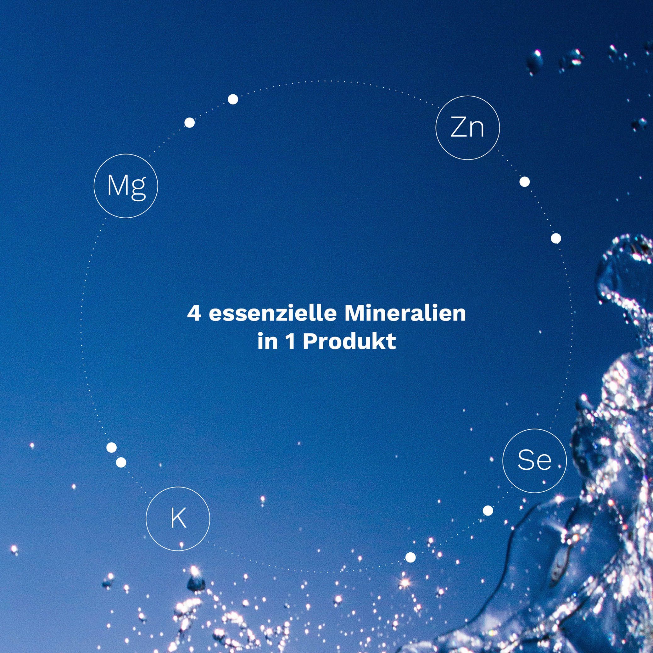 Kreisdiagramm mit Mineralien (Mg, Se, K, Zn) und Text "4 essenzielle Mineralien in 1 Produkt".